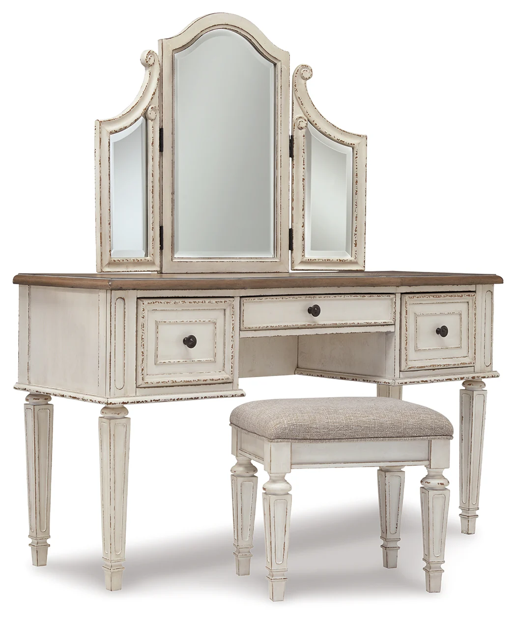 Realyn Two-tone King Panel Bedroom Set with Vanity, Chest and 2 Nightstands - Image 2