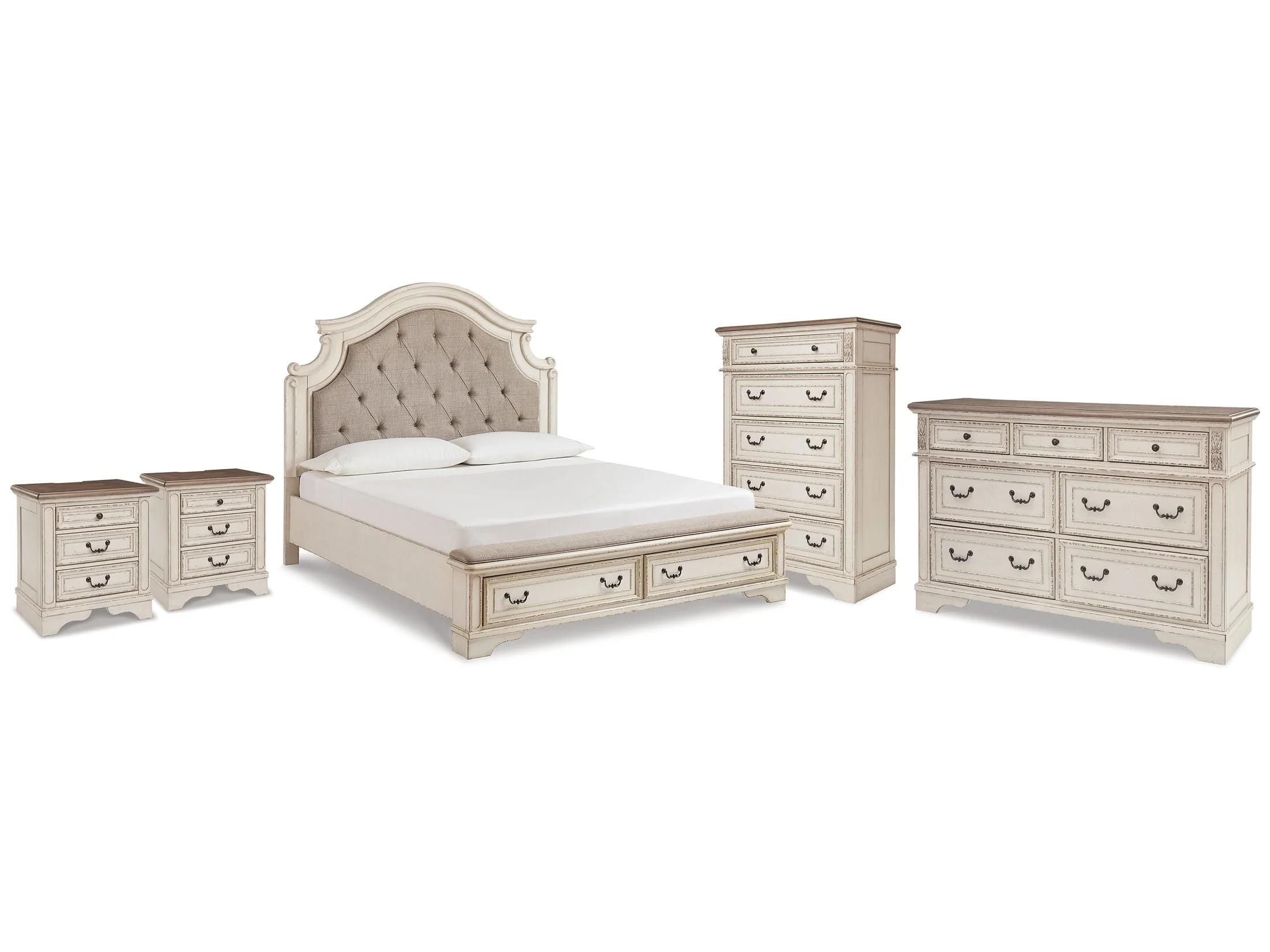 Realyn Two-tone King Storage Bedroom Set with Dresser, Chest and 2 Nightstands (Online Special Price)