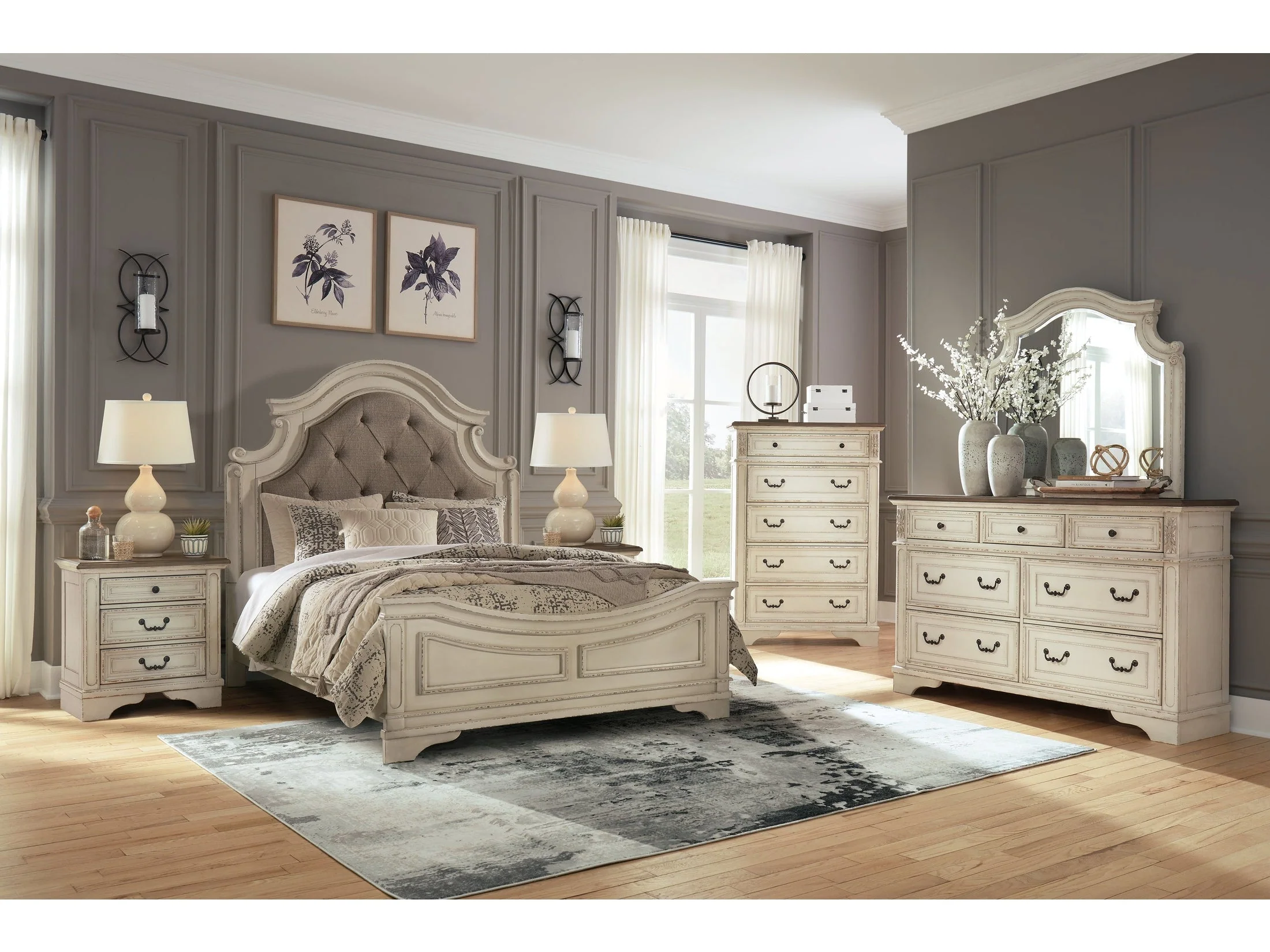 Realyn Two-tone Queen Upholstered Panel Bedroom Set with Dresser, Mirror, Chest and 2 Nightstands (Online Special Price)