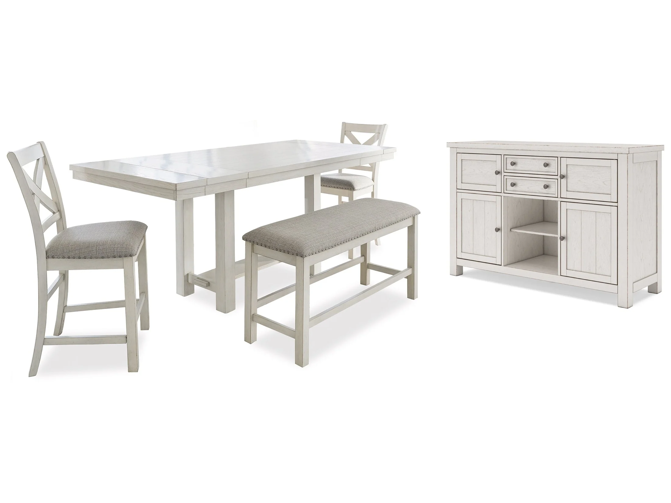 Robbinsdale Antique White Counter Height Dining Table, 2 Barstools, Bench and Server