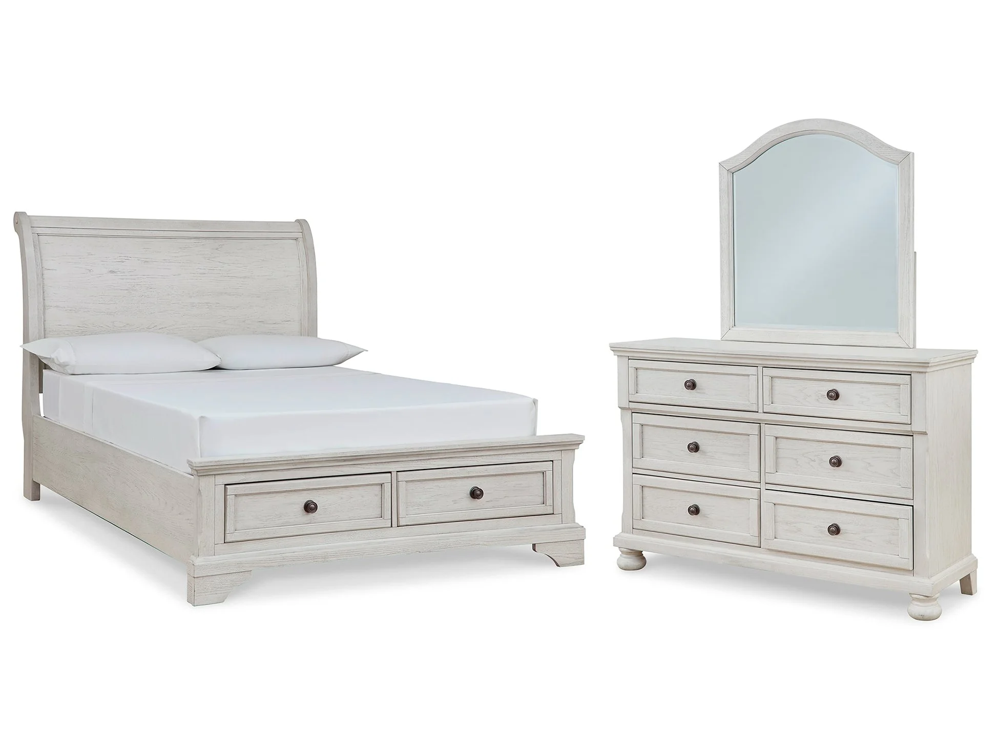 Robbinsdale Antique White Full Sleigh Storage Bed, Dresser and Mirror (Online Special Price)