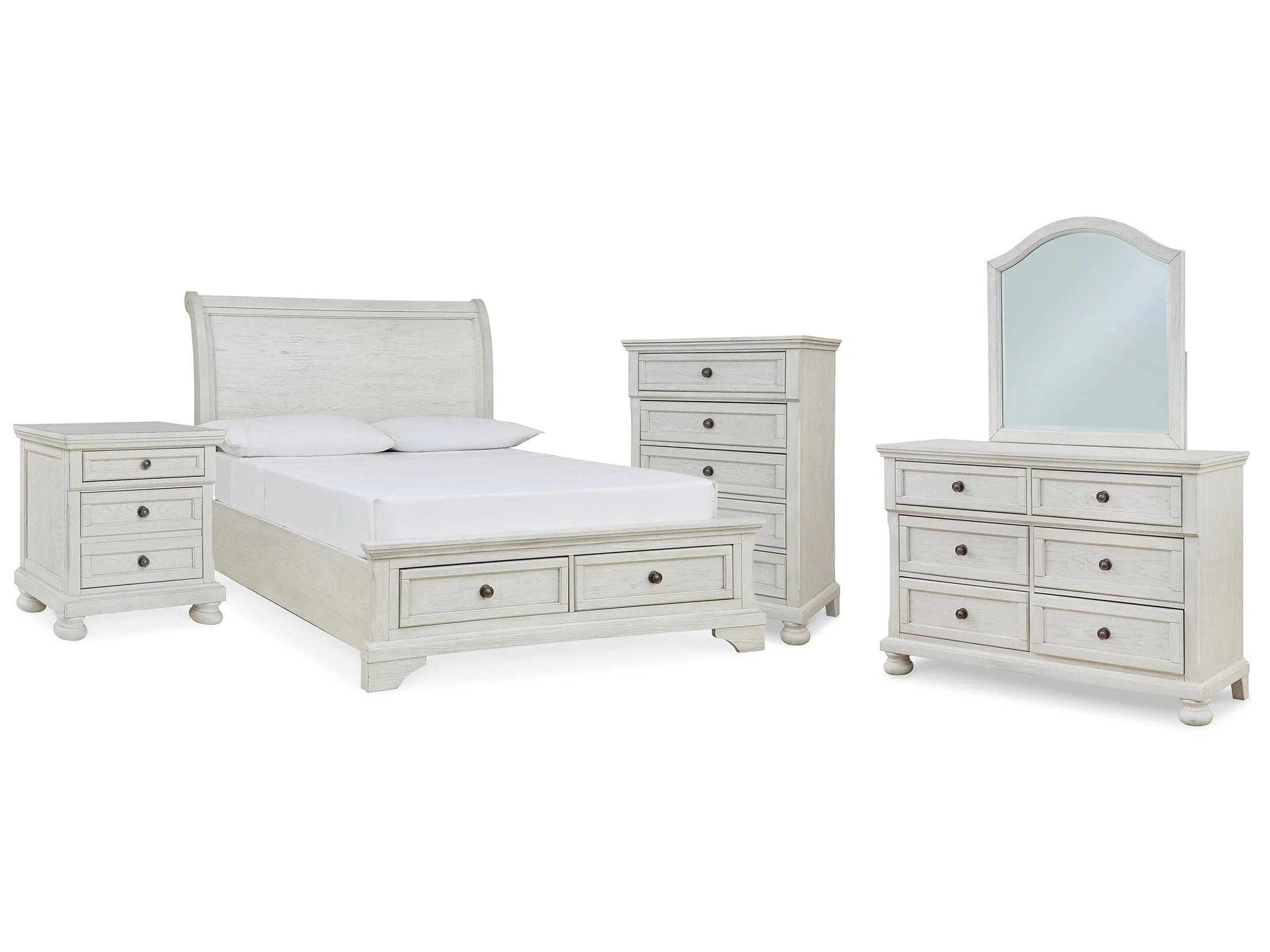 Robbinsdale Antique White Full Storage Sleigh Bedroom Set with Dresser, Mirror, Chest and Nightstand (Online Special Price)