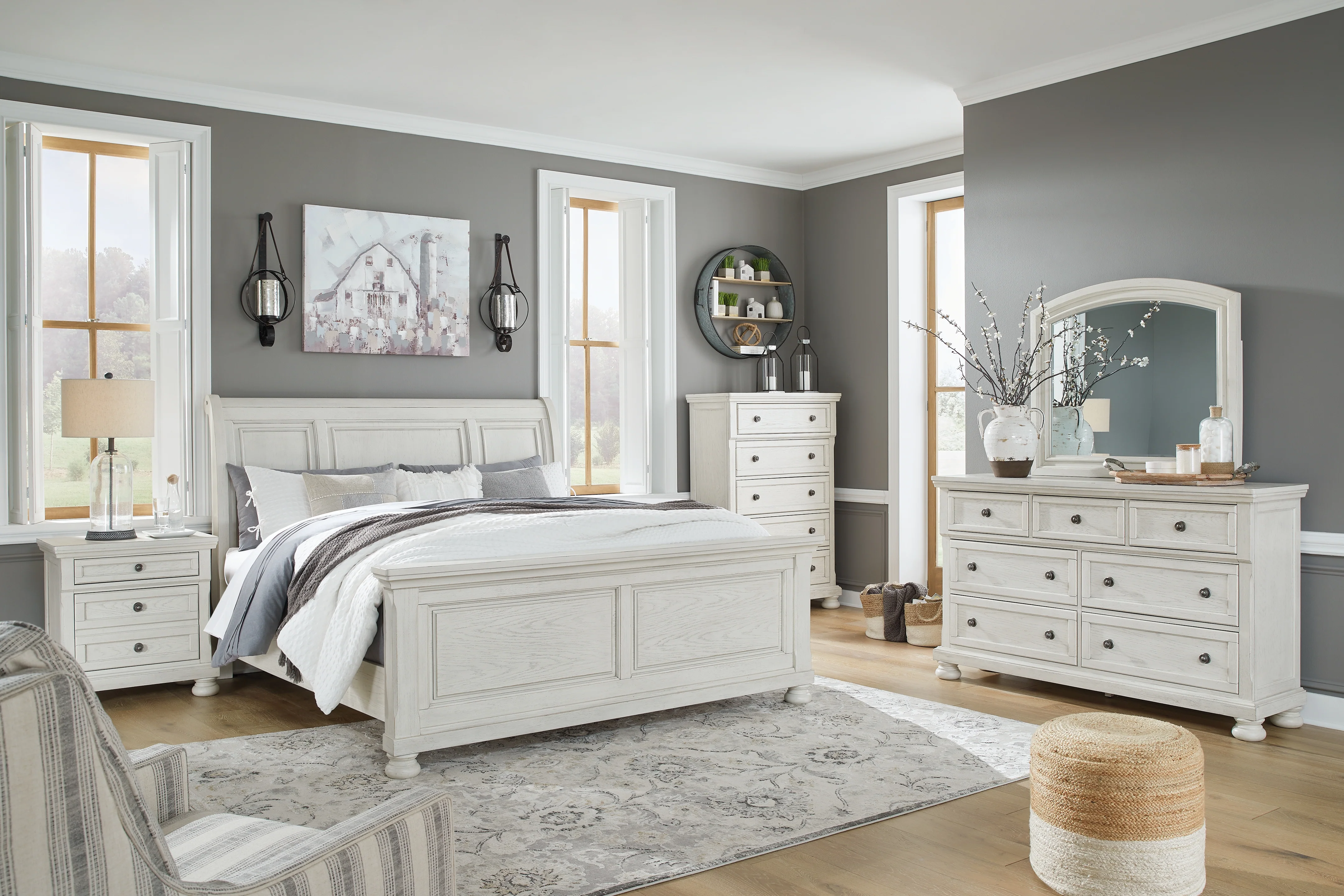 Robbinsdale Antique White King Sleigh Bedroom Set with Dresser and Mirror - Image 10