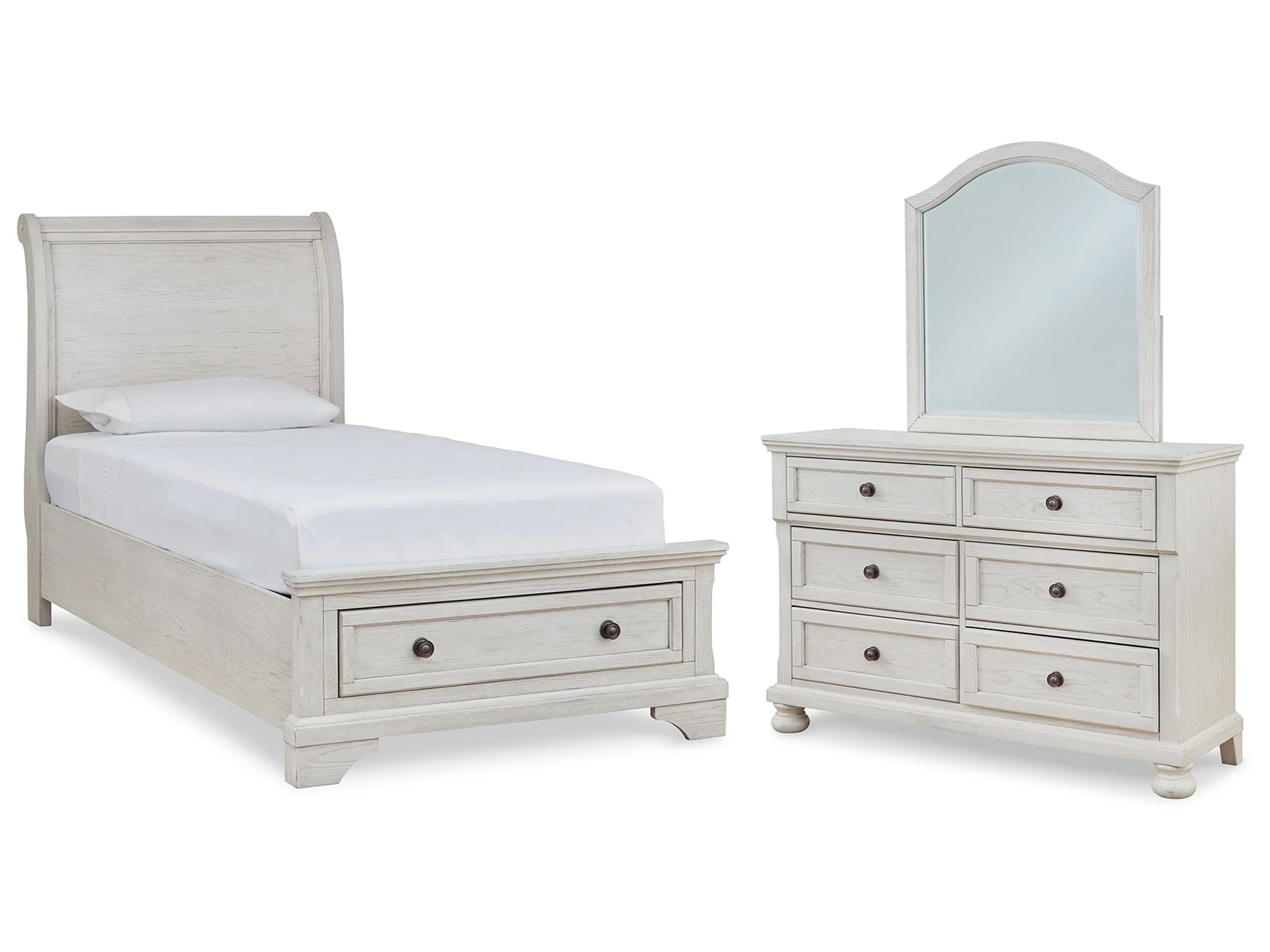 Robbinsdale Antique White Twin Sleigh Storage Bed, Dresser and Mirror (Online Special Price)