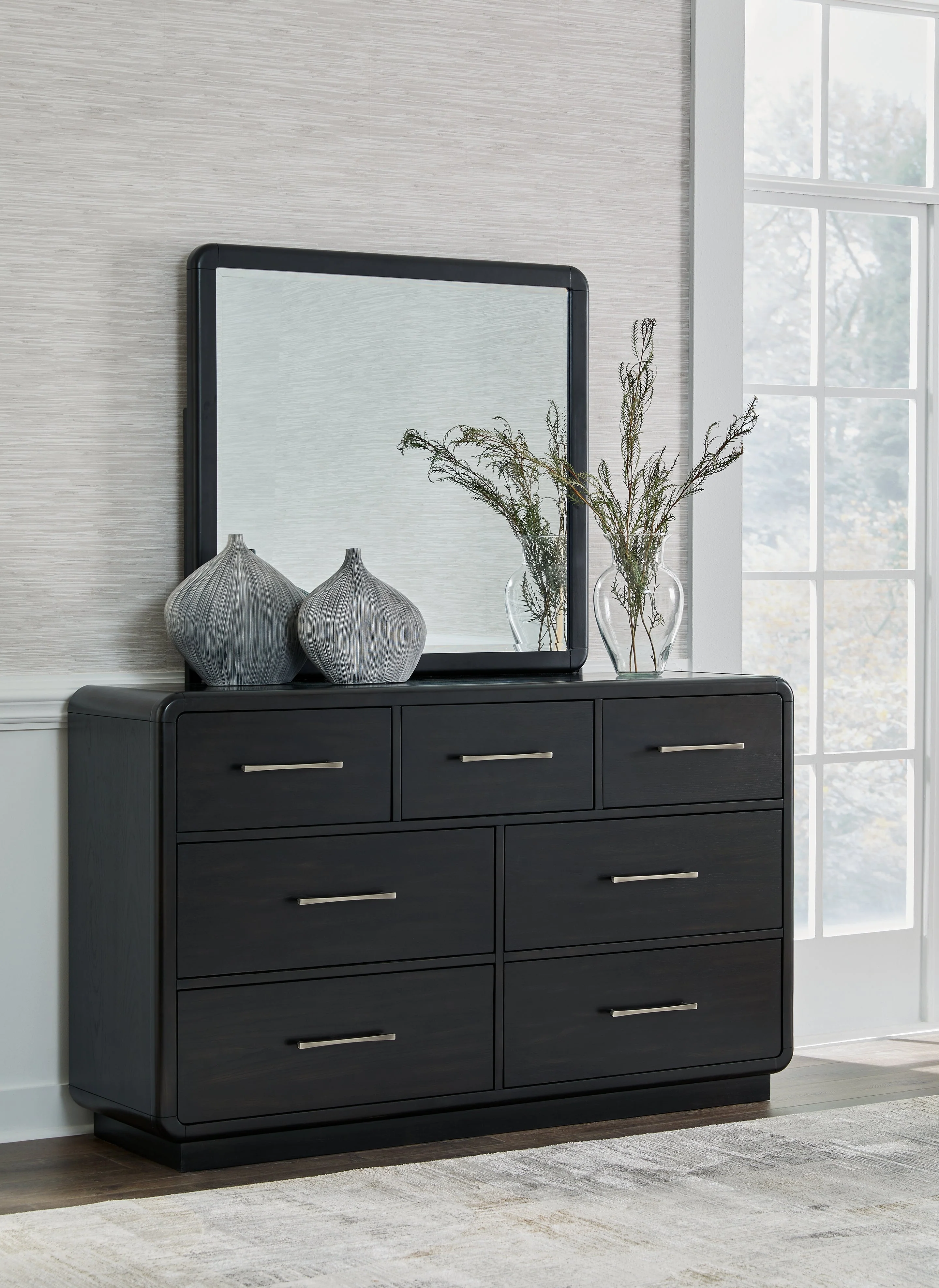 Rowanbeck Black Queen Upholstered Panel Bed & Dresser & Mirror (Online Special Price) - Image 8