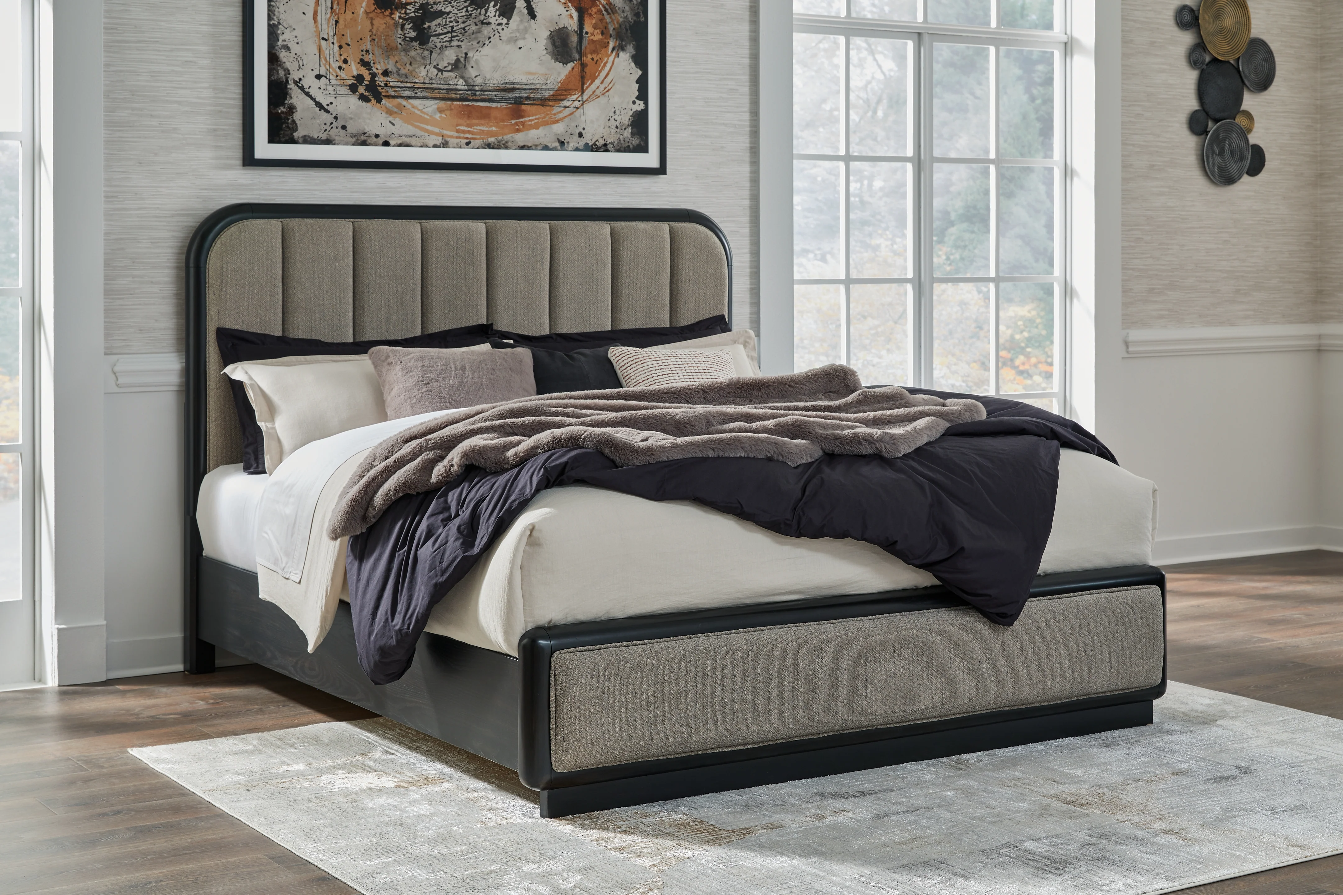 Rowanbeck Gray/Black King Panel Bed, Dresser, Mirror, Chest and Nightstand - Image 21