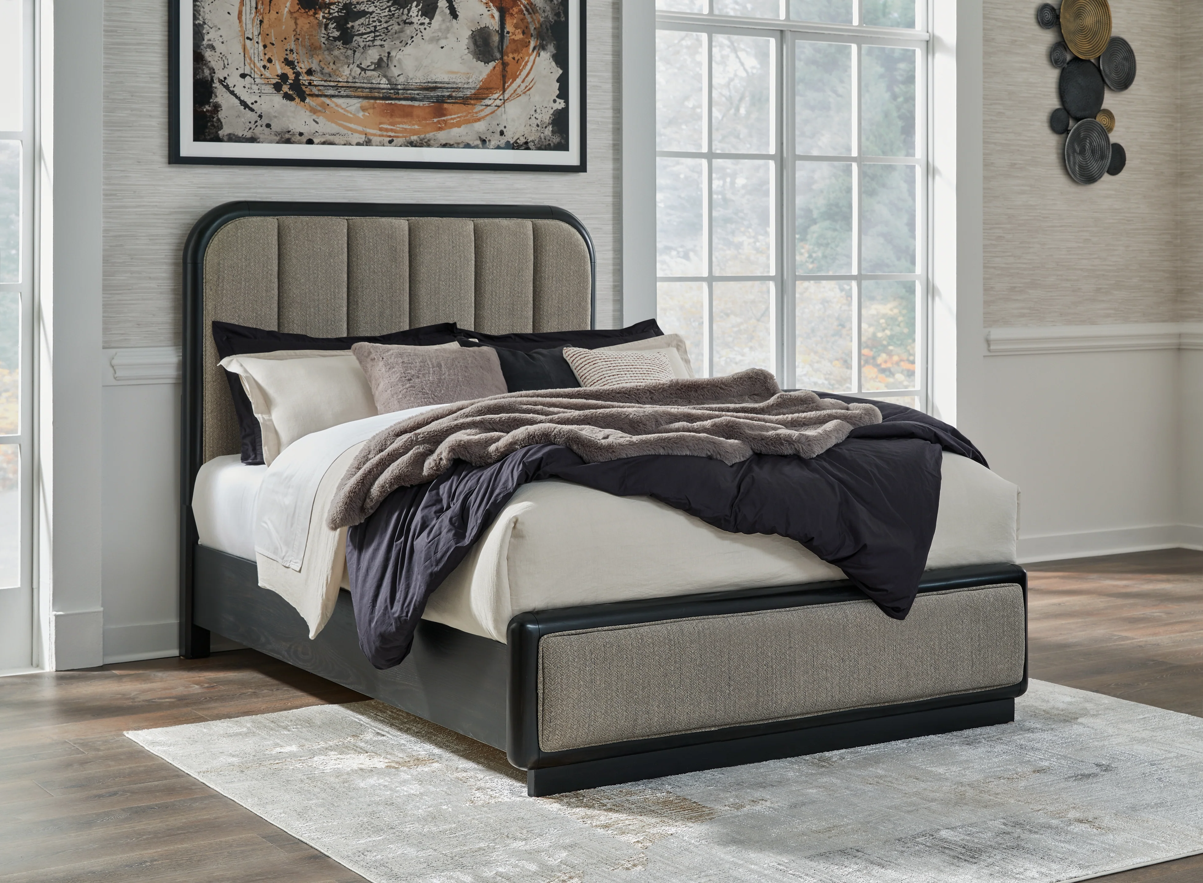 Rowanbeck Gray/Black Queen Upholstered Panel Bed, Dresser, Mirror and Nightstand (Online Special Price) - Image 15