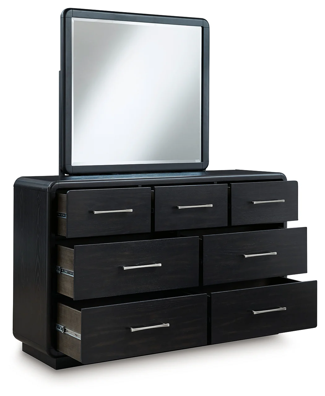 Rowanbeck Gray/Black Queen Upholstered Panel Bed, Dresser, Mirror and Nightstand - Image 3