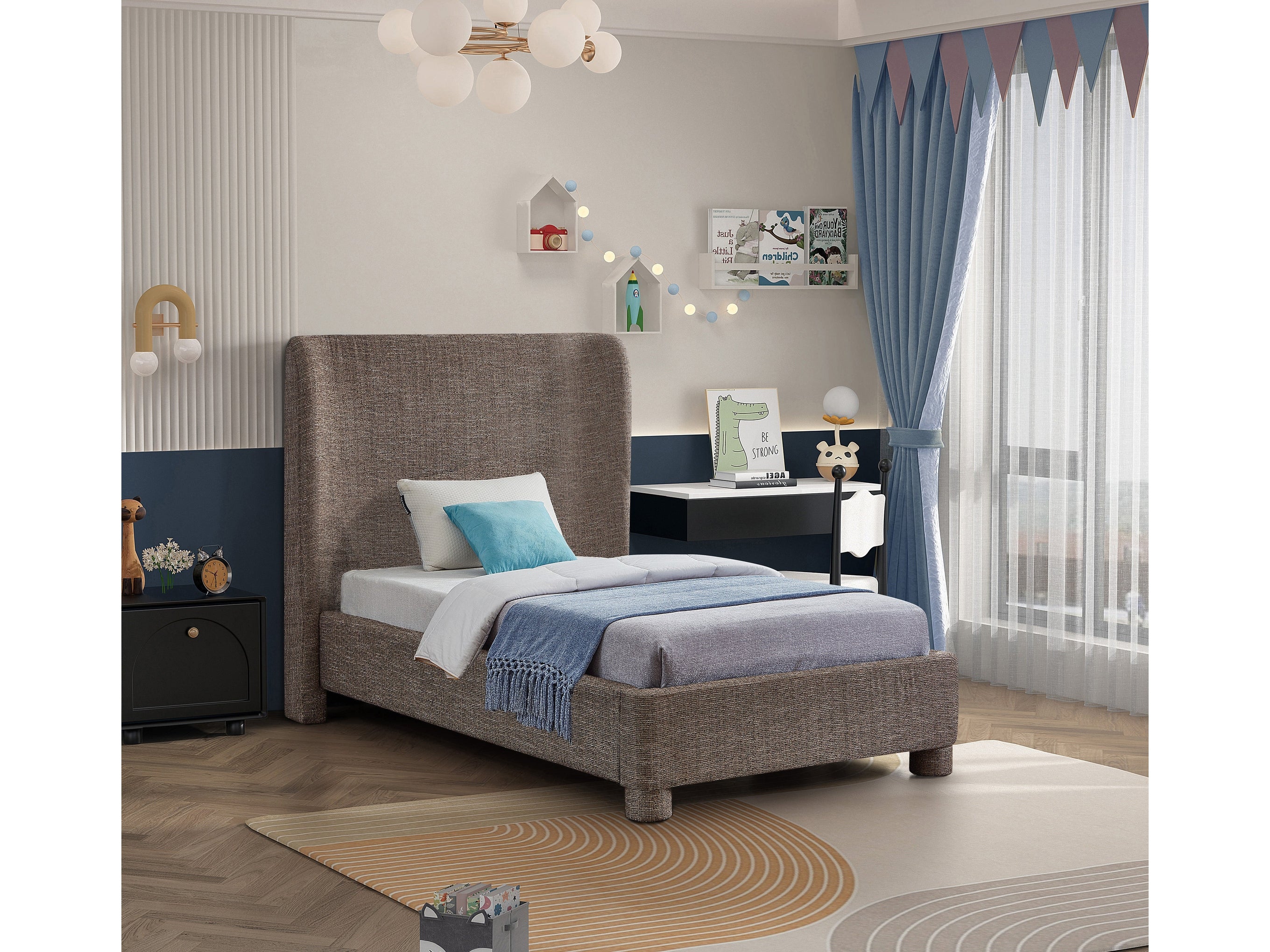 Seabreeze Brown Textured Fabric Upholstered Twin Bed