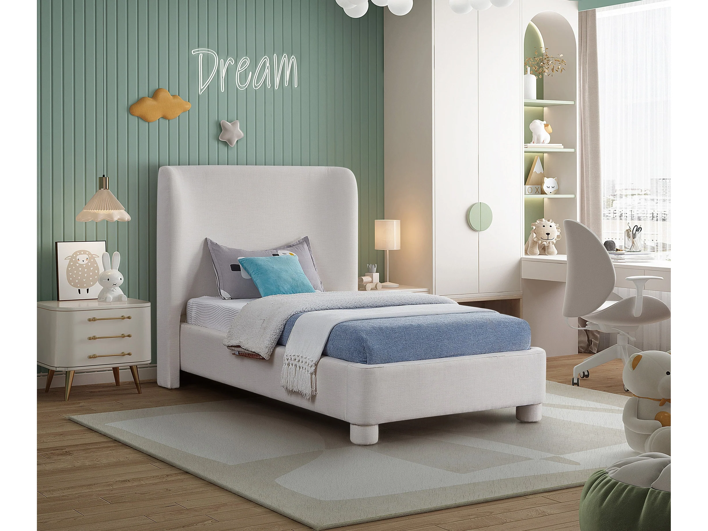Seabreeze Cream Textured Fabric Upholstered Twin Bed