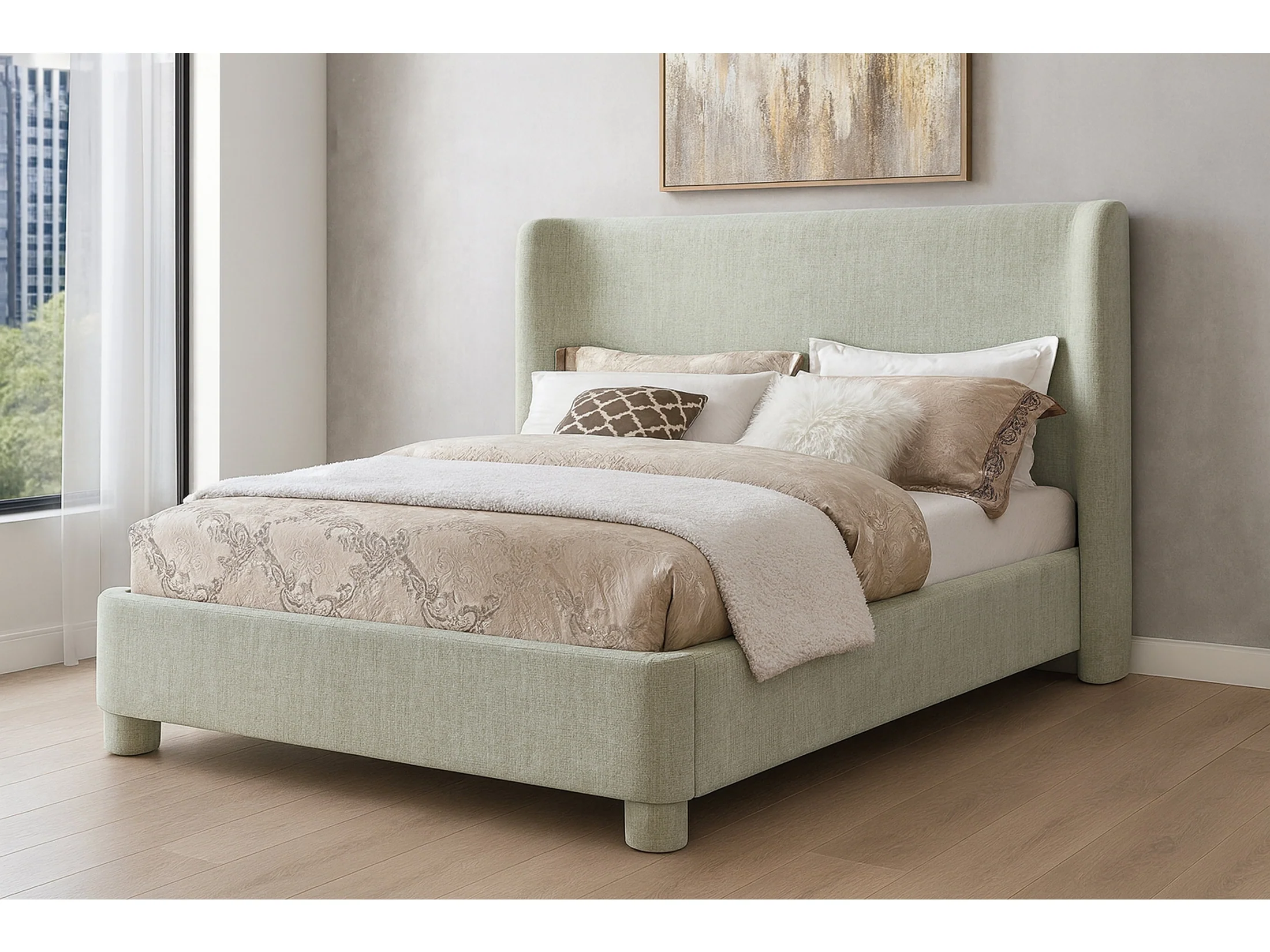 Seabreeze Mint Green Mint Chenille Fabric Upholstered King Bed