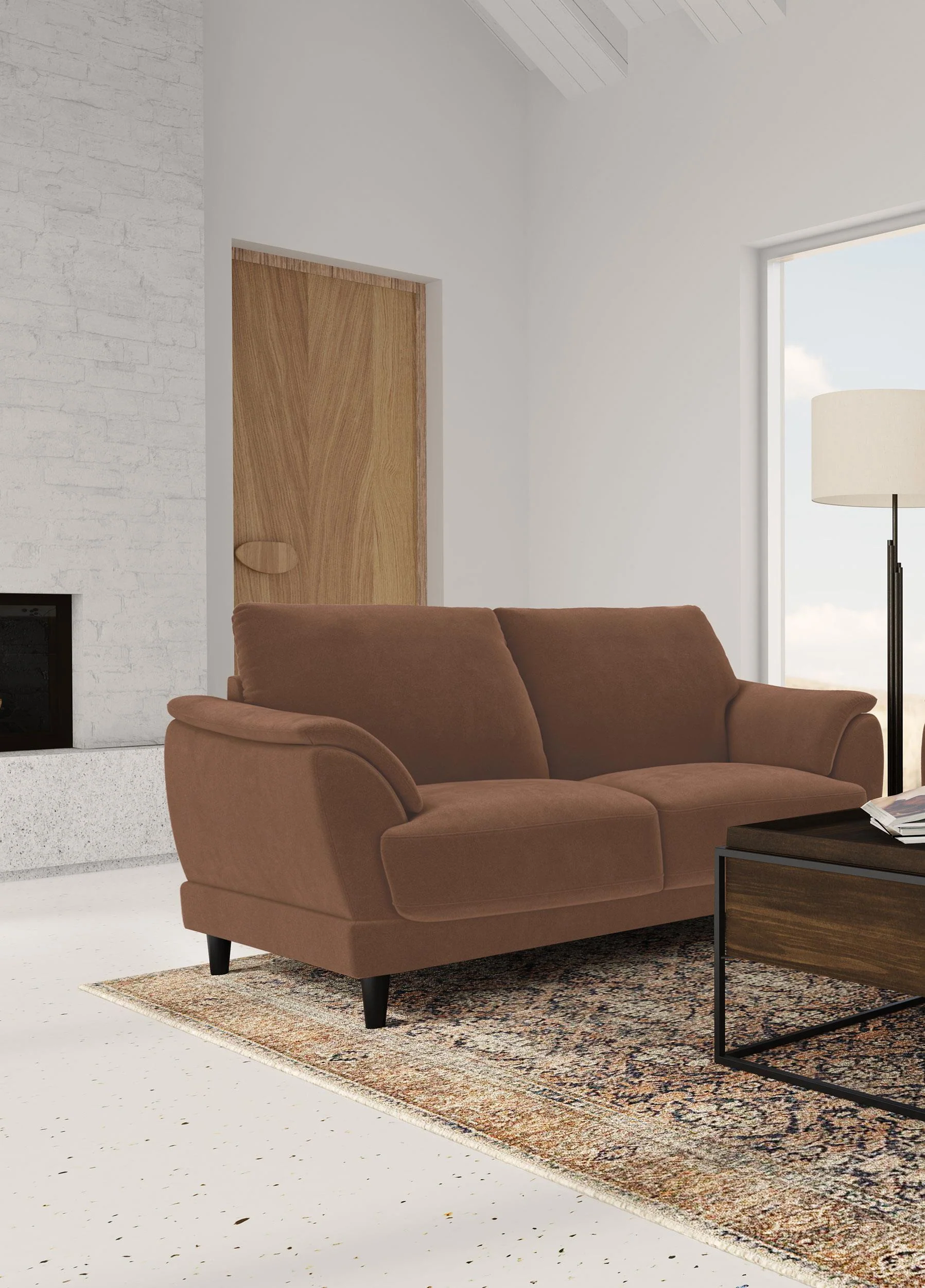 Selma Rust Velvet Upholstered Crescent Arm Loveseat - Image 2