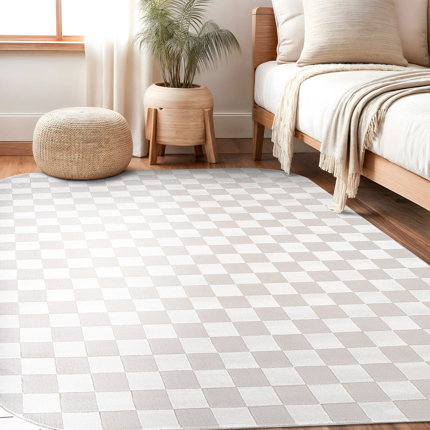 Shape Beige White Abstract Checkered Soft Stain Resistant Non Shedding Area Rugs - Image 3