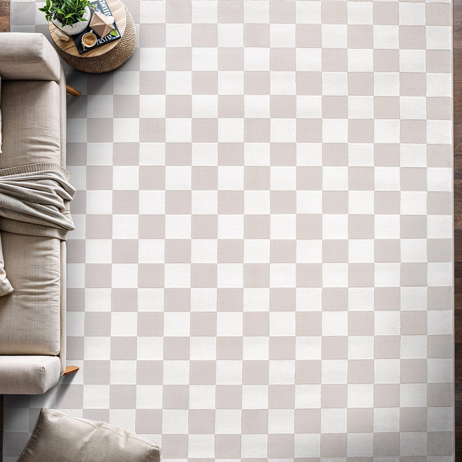 Shape Beige White Abstract Checkered Soft Stain Resistant Non Shedding Area Rugs - Image 5
