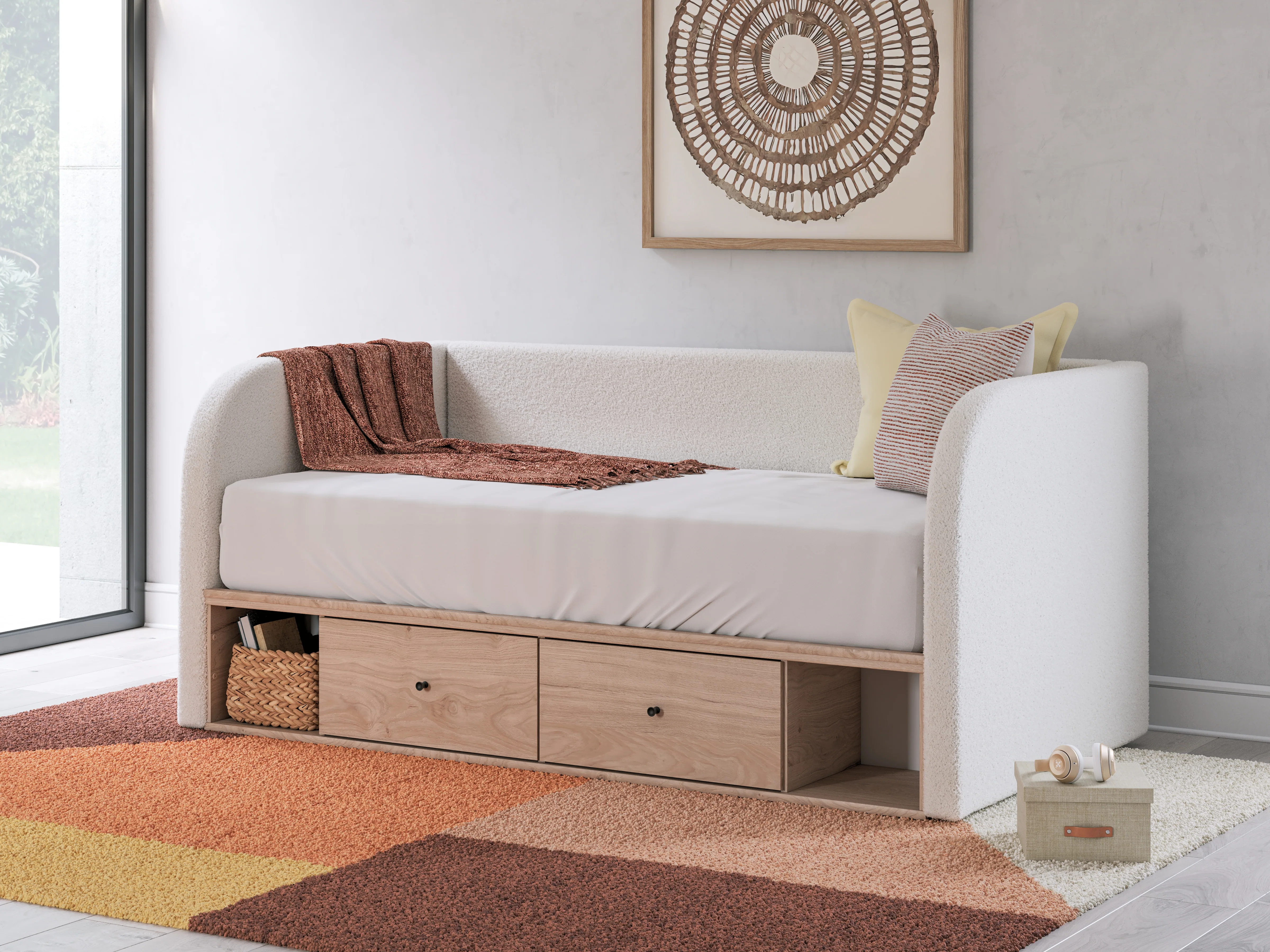 Shapella Tan/White Full Upholstered Day Bed with Storage - Image 2