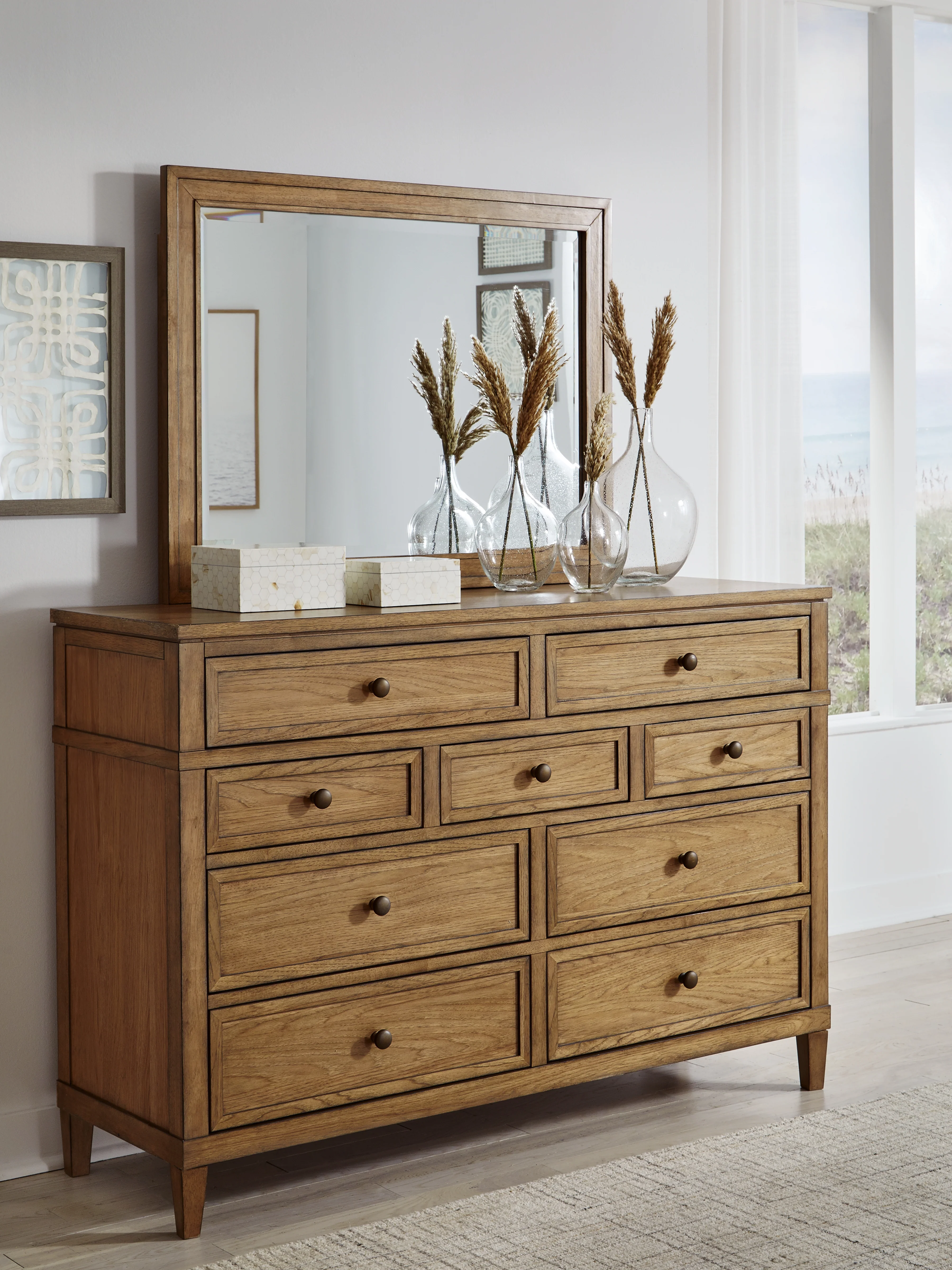 Sharlance Green/Brown Queen Upholstered Panel Bed, Dresser and Mirror - Image 5