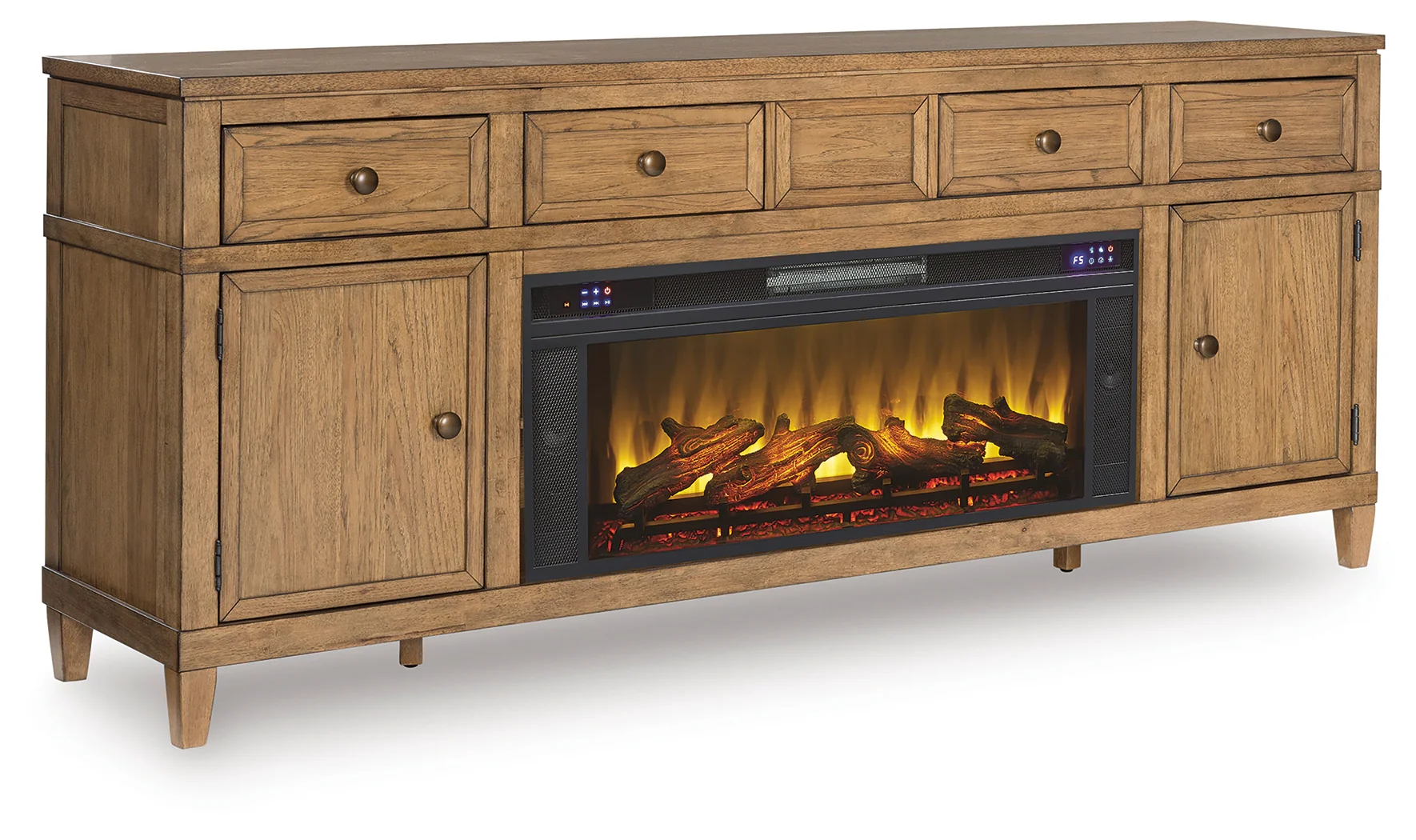 Sharlance Light Brown 81" TV Stand with Electric Fireplace (Realistic looking log set) - Image 2
