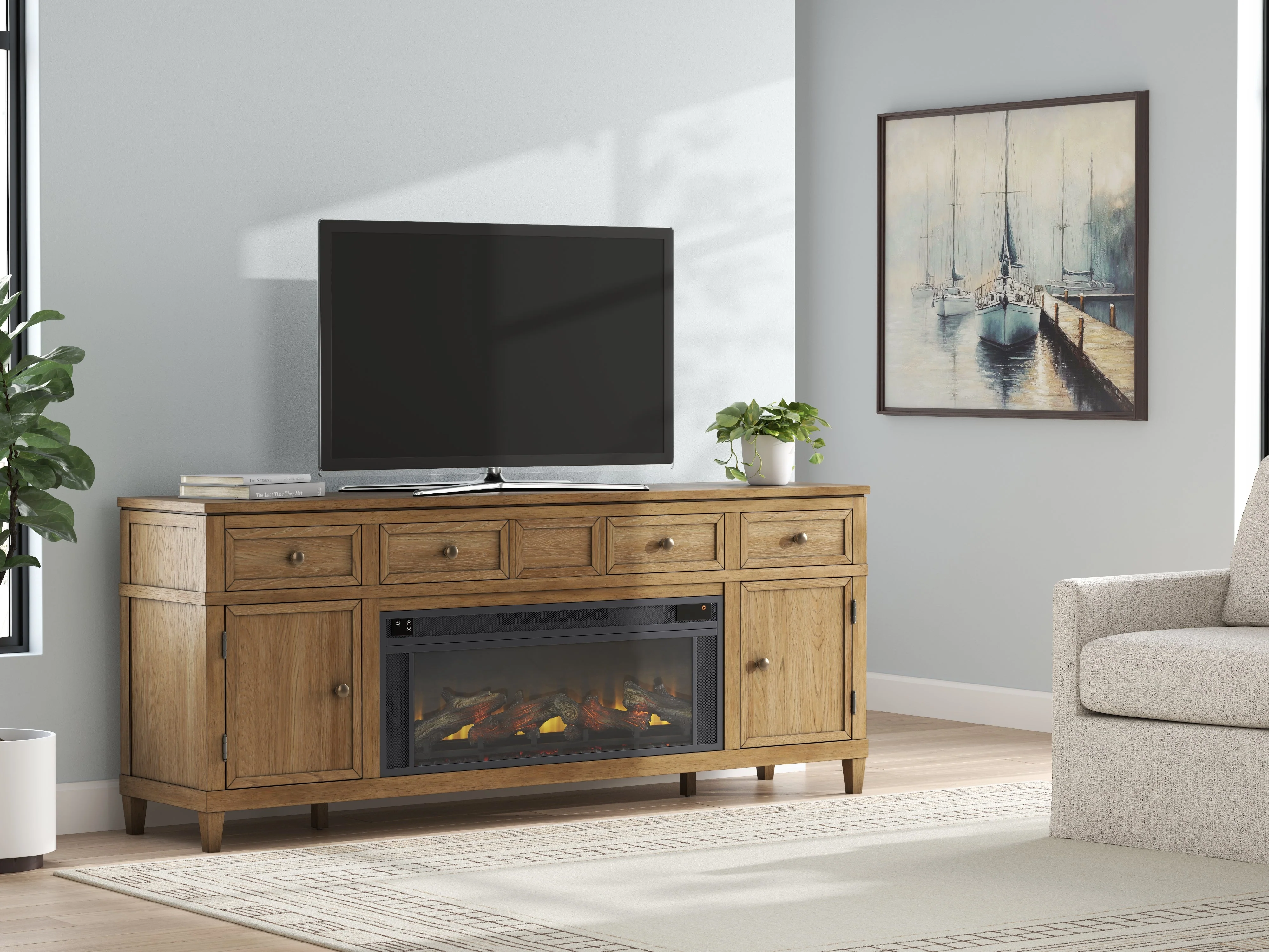 Sharlance Light Brown 81" TV Stand with Electric Fireplace (Realistic looking log set) (Online Special Price)
