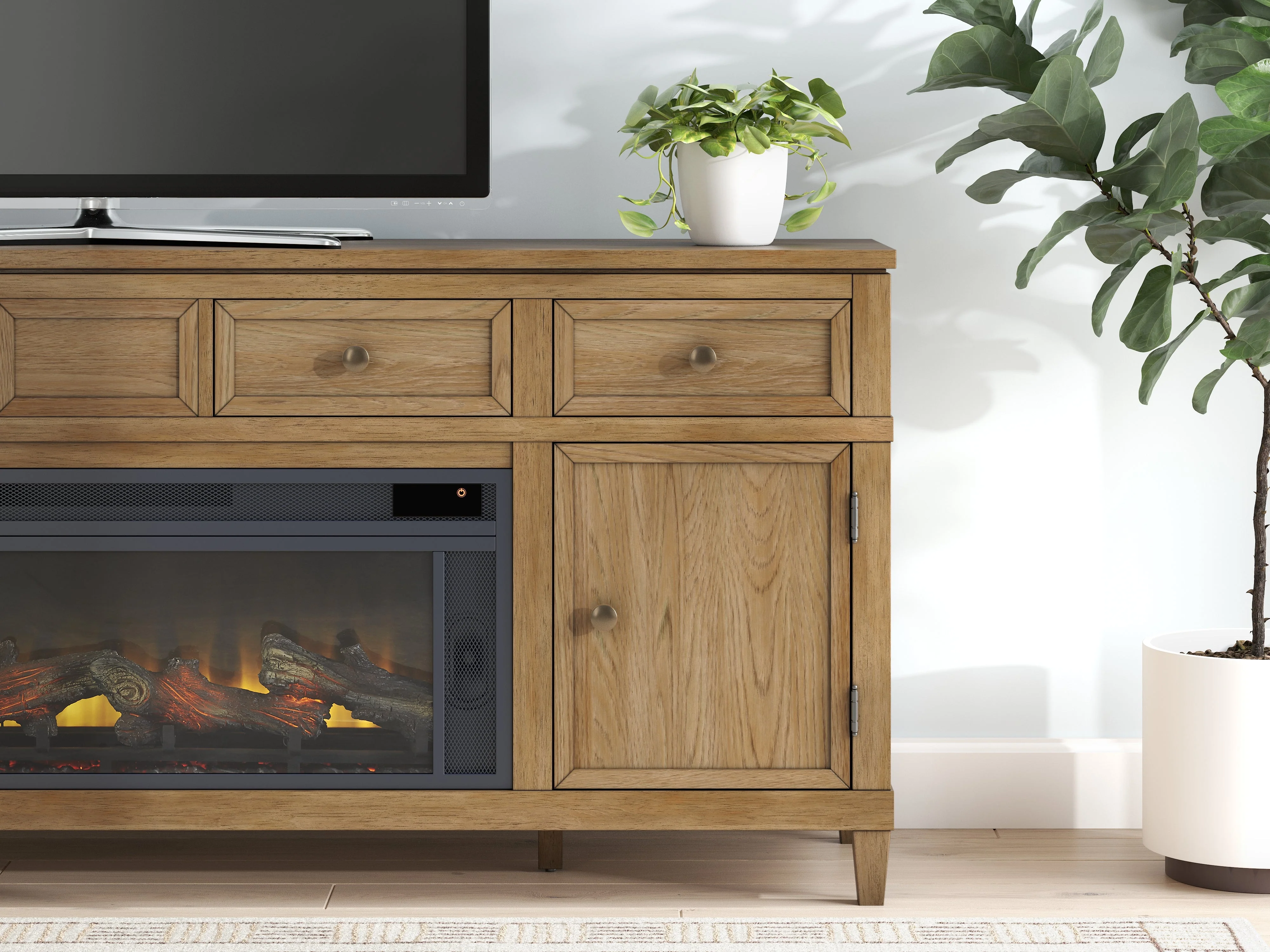 Sharlance Light Brown 81" TV Stand with Electric Fireplace (Realistic looking log set) (Online Special Price) - Image 4