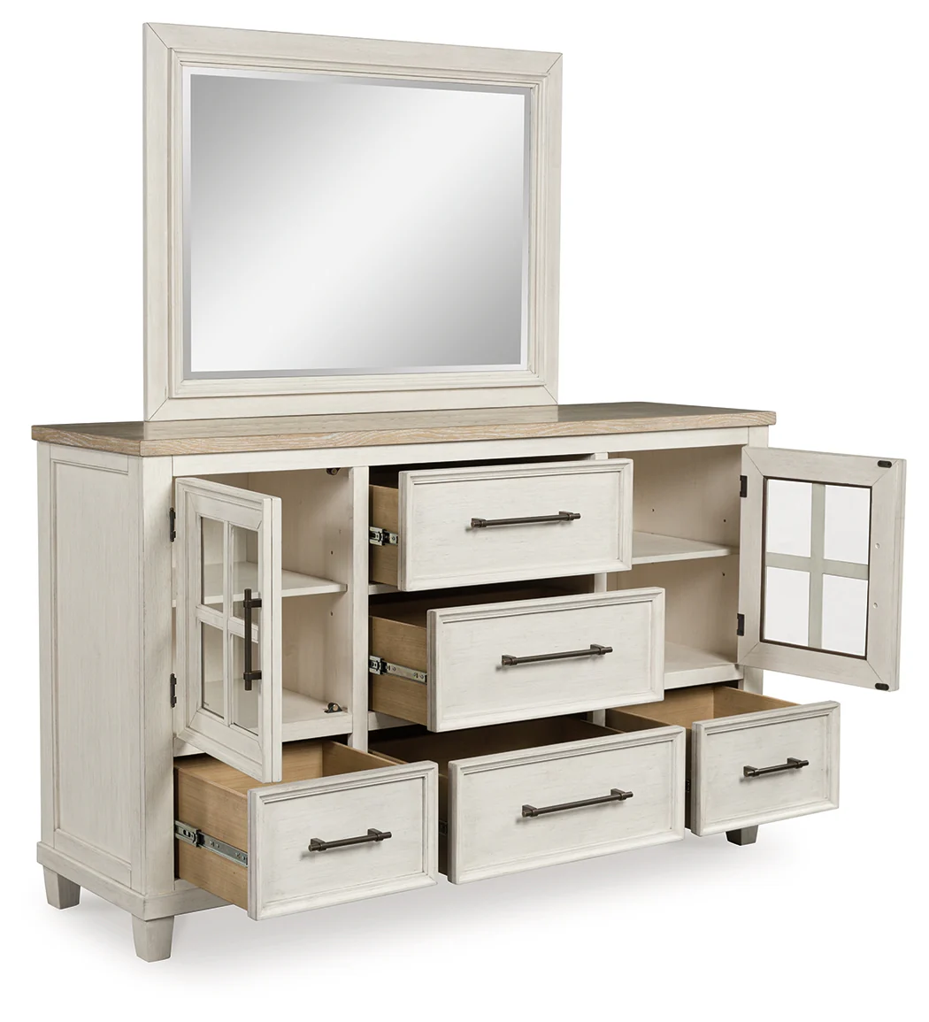 Shaybrock Antique White/Brown Queen Panel Bed, Dresser and Mirror (Online Special Price) - Image 3