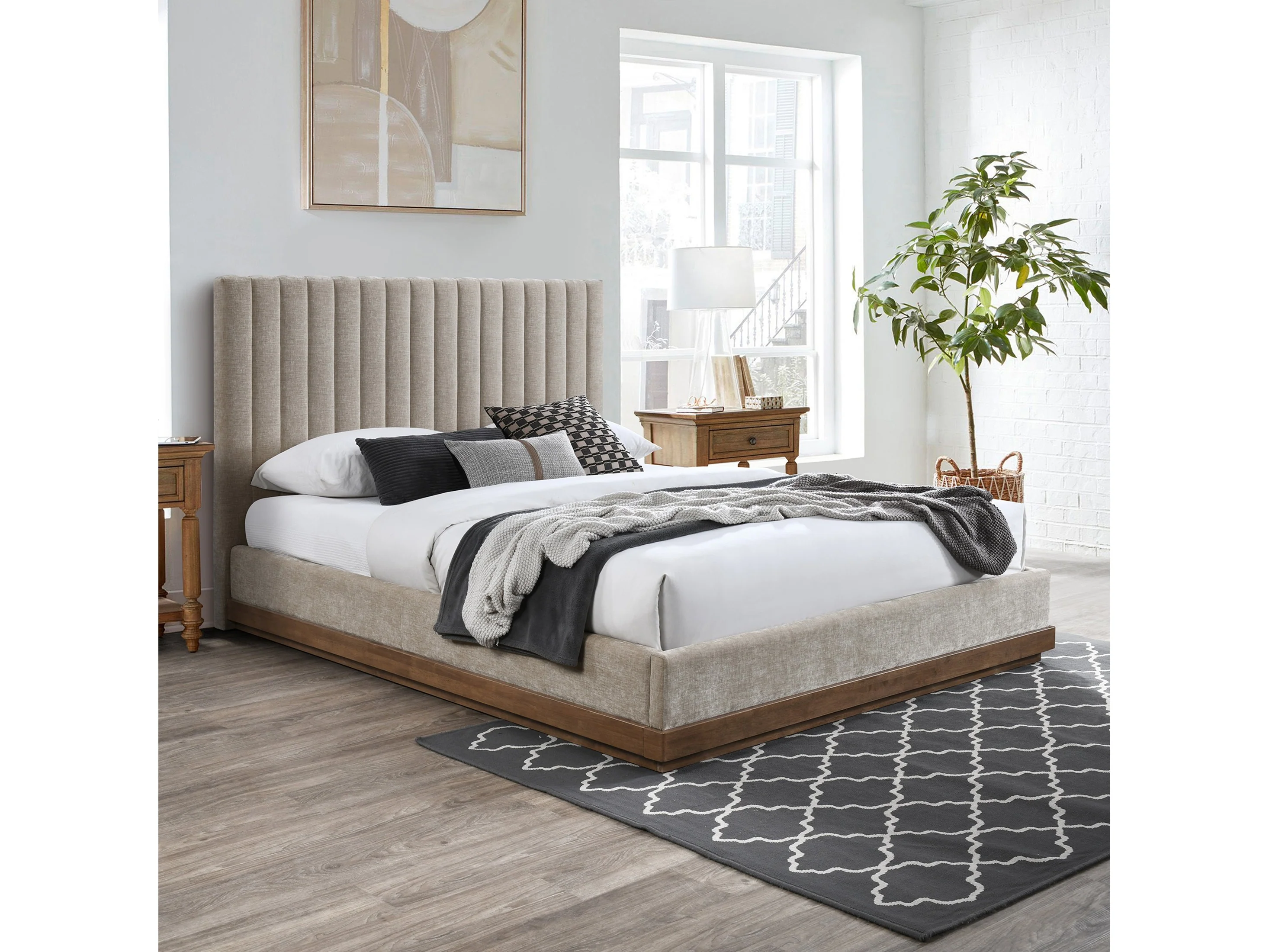 Shoreline Beige Fabric Upholstered Queen Bed (3 Boxes)