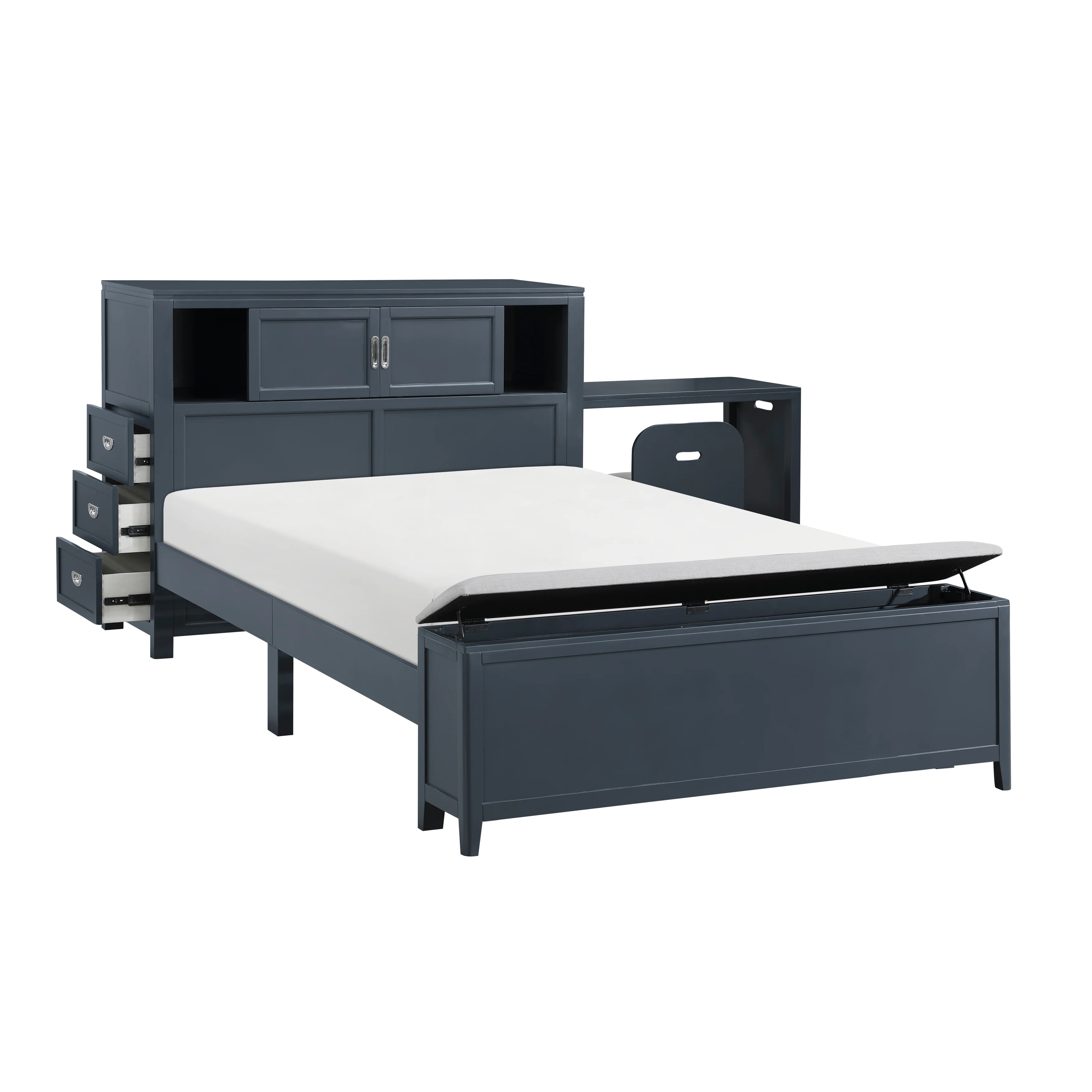 Sloane Navy Blue Full Bookcase Bed with Hidden Desk, Stool and Storage Bench - Image 4