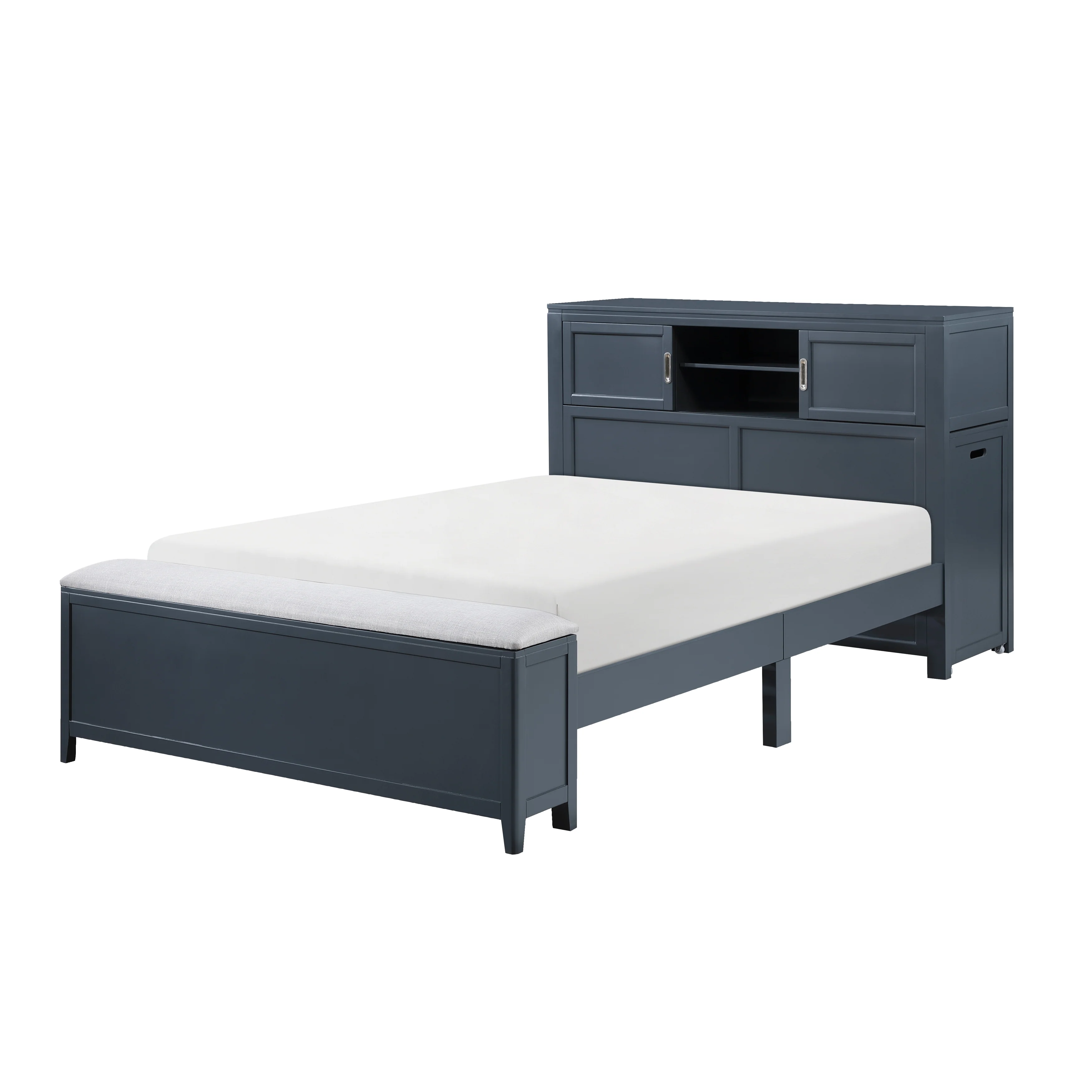 Sloane Navy Blue Full Bookcase Bed with Hidden Desk, Stool and Storage Bench - Image 5