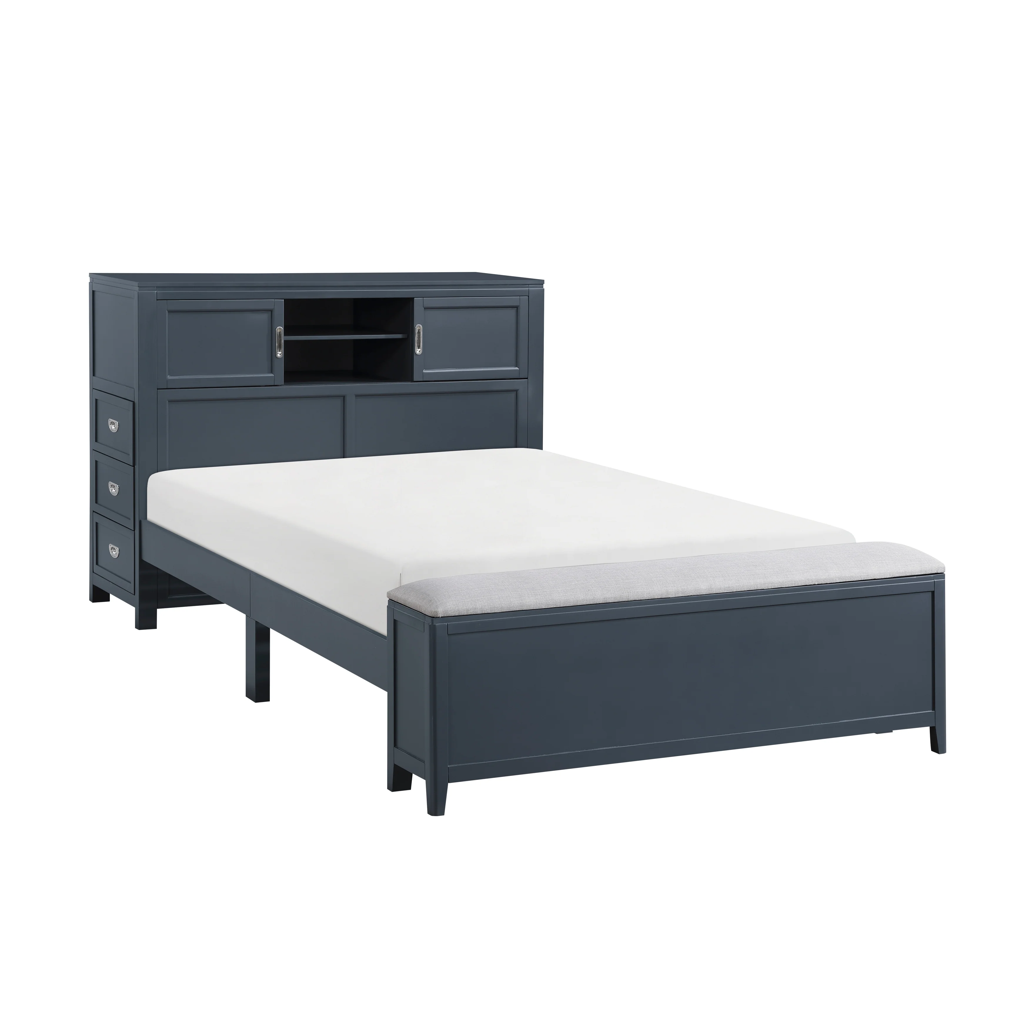 Sloane Navy Blue Full Bookcase Bed with Hidden Desk, Stool and Storage Bench - Image 7