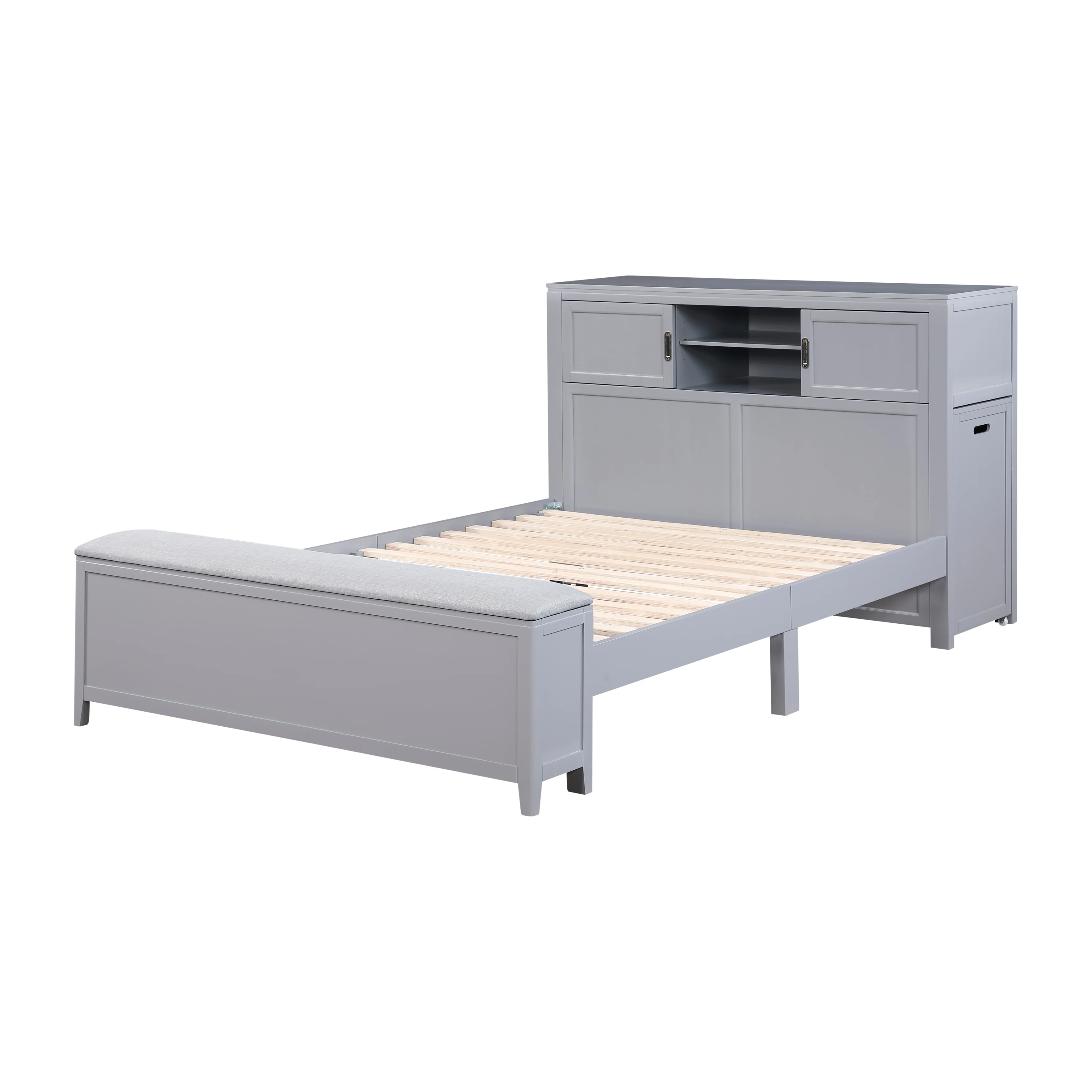 Sloane Smoke Gray Full Bookcase Platform Bed with Hidden Desk & Stool and Storage Bench - Image 4