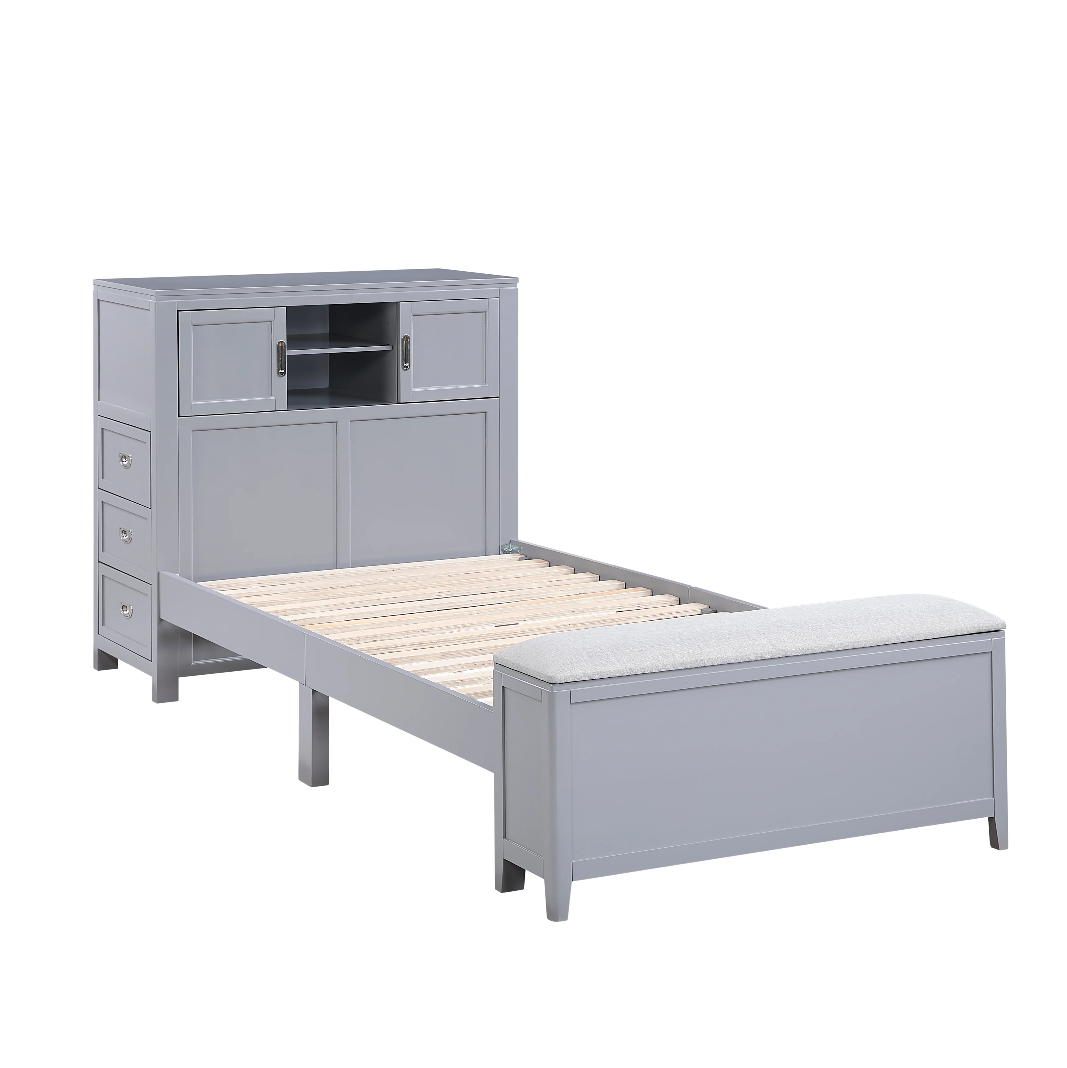 Sloane Smoke Gray Twin Bookcase Platform Bed with Hidden Desk & Stool and Storage Bench - Image 2