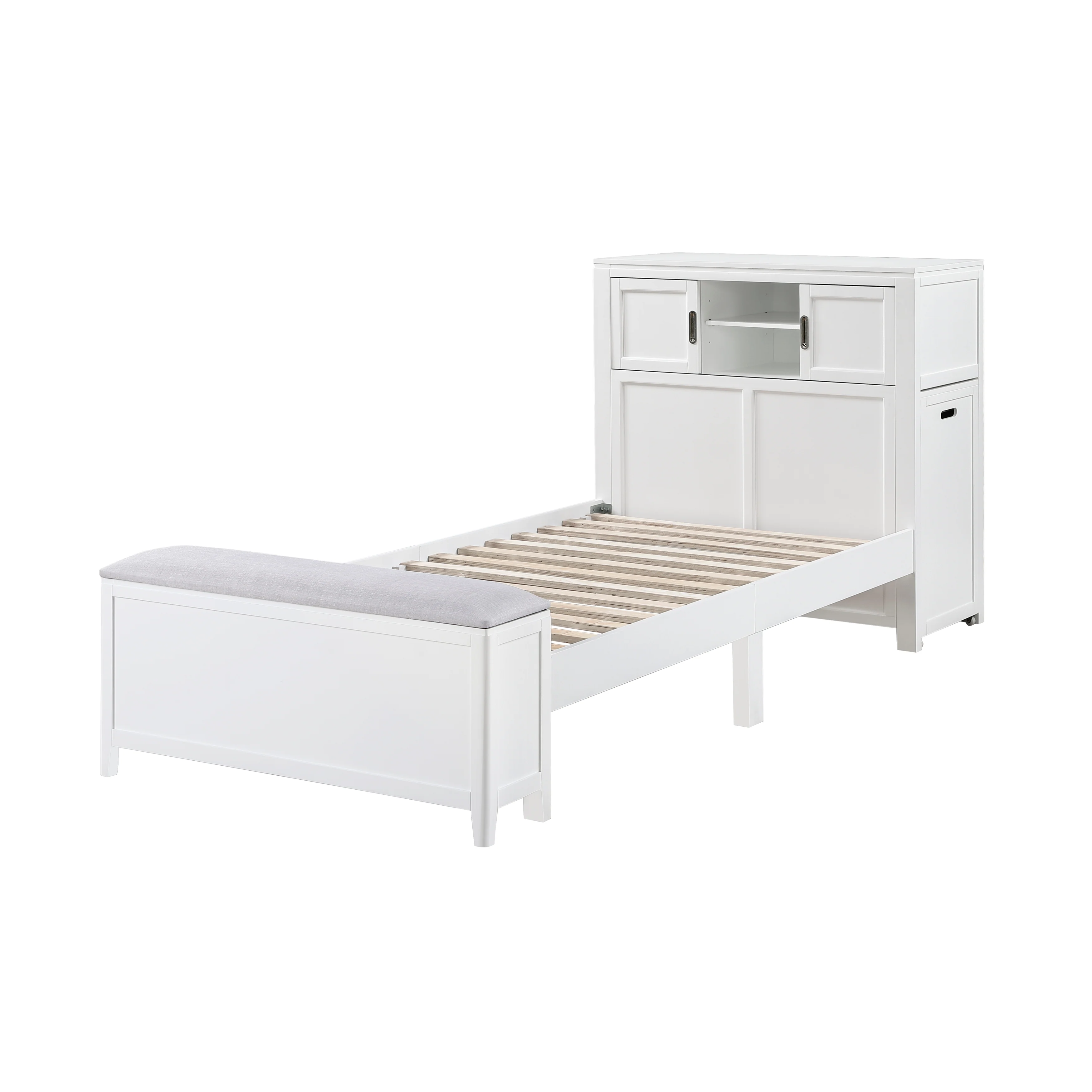 Sloane White Twin Bookcase Platform Bed with Hidden Desk & Stool and Storage Bench - Image 4
