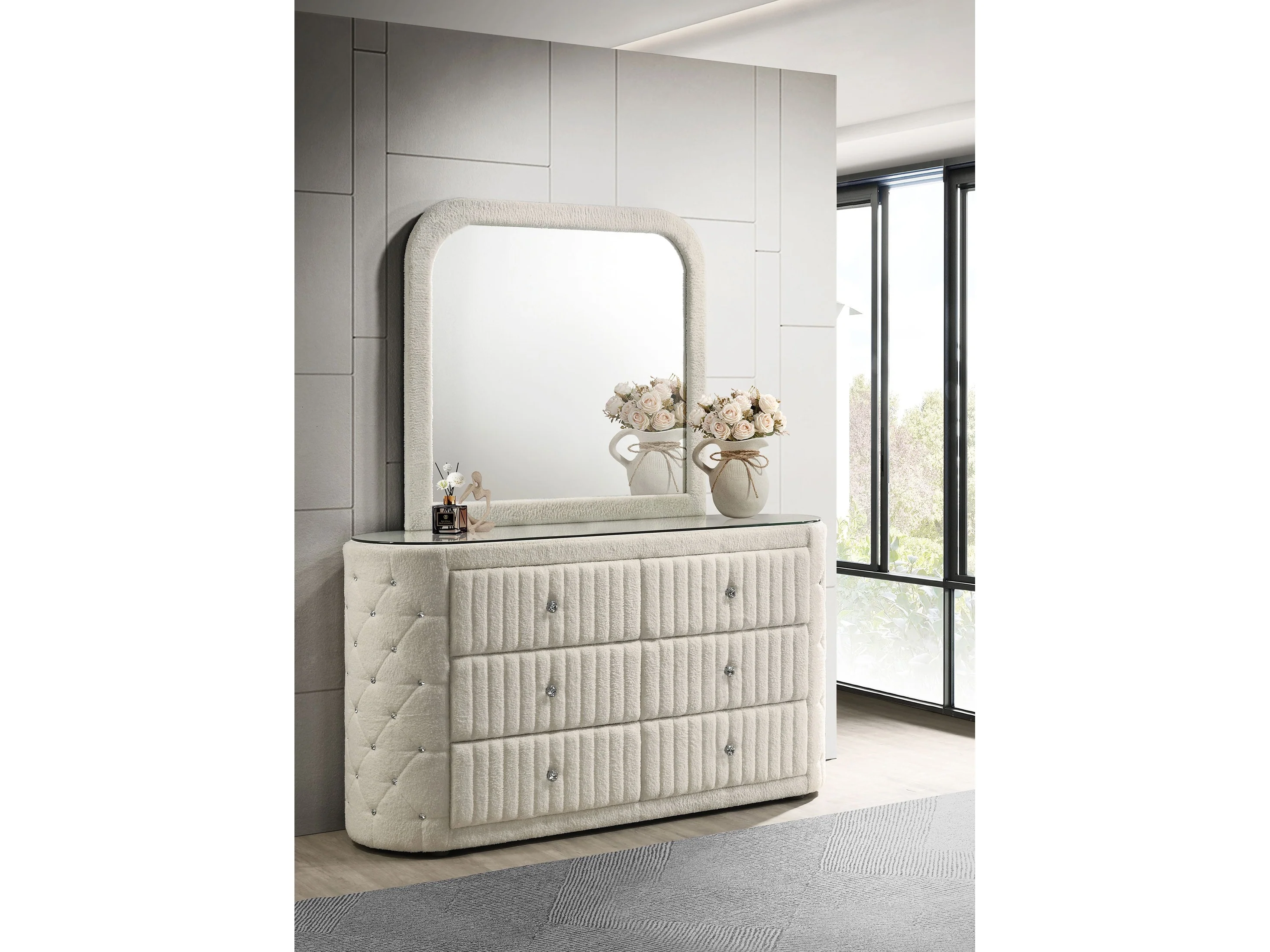 Sonya Ivory 6-drawer Upholstered Bedroom Dresser with Mirror