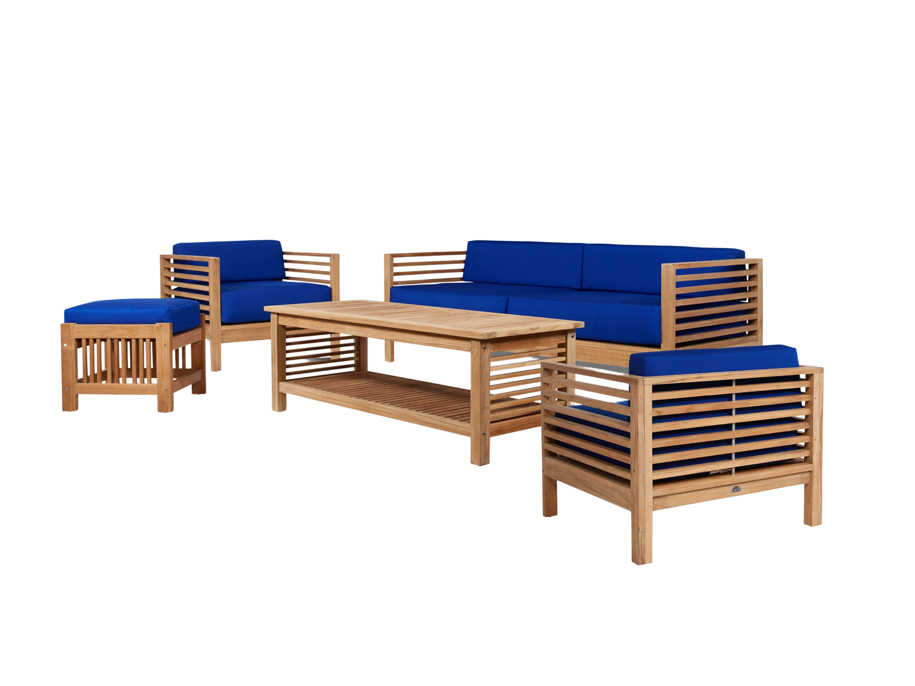 Summer 5-Piece Teak True Blue Outdoor Patio Deep Seating Set with Subrella True Blue Cushion - Image 2
