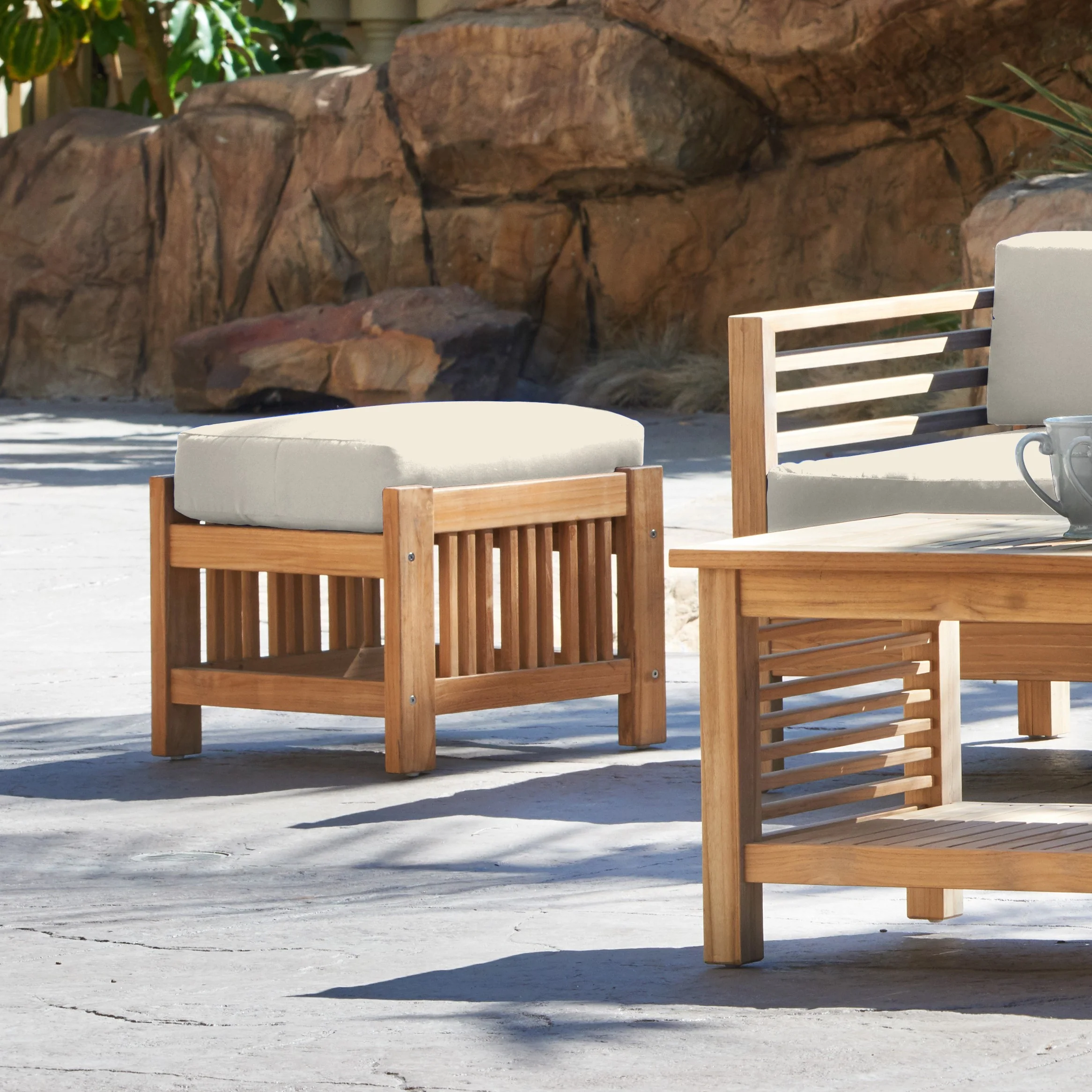 Summer Teak Canvas Outdoor Ottoman with Sunbrella® Cushion - Image 4