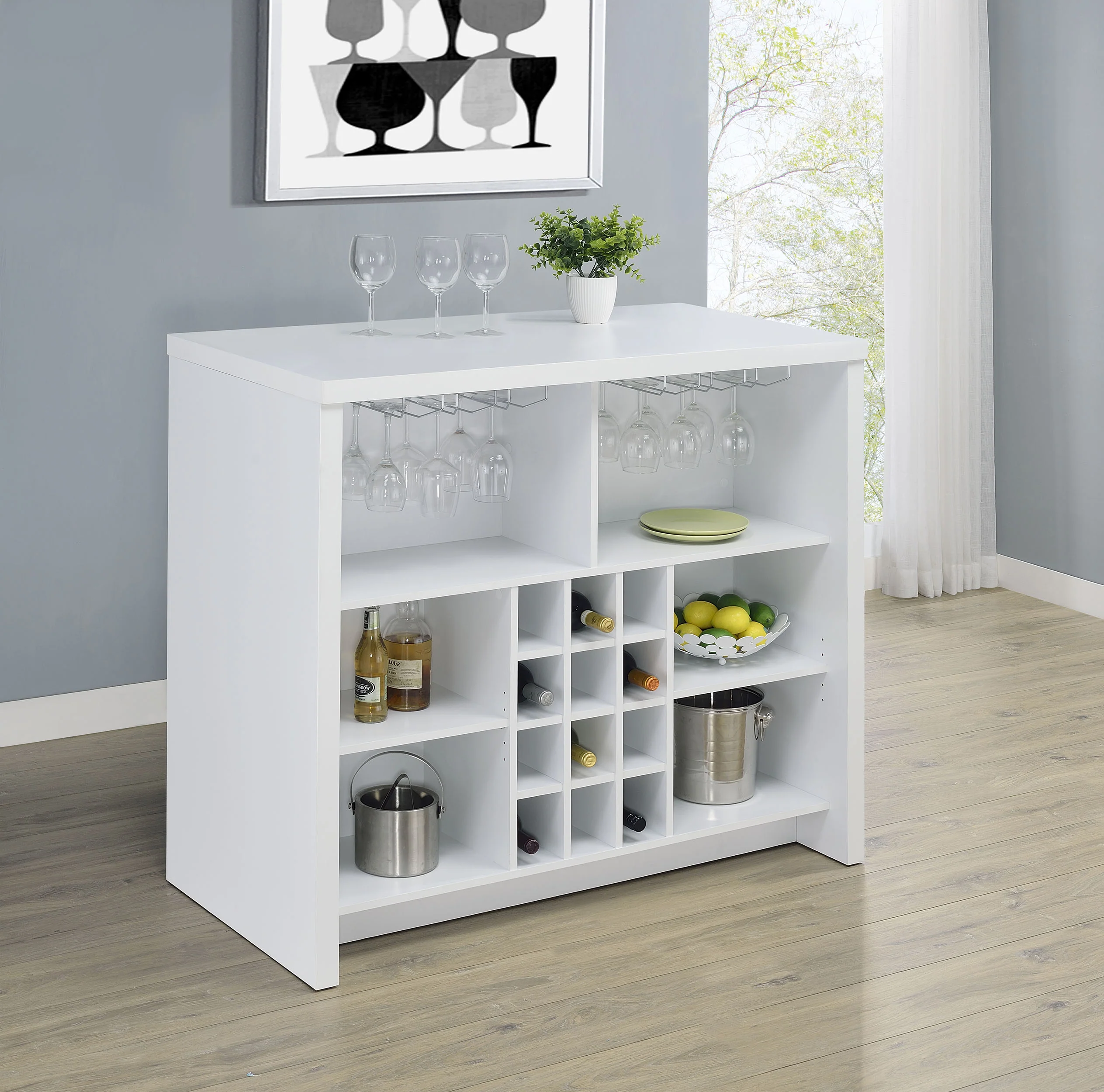 Topanga White Engineered Wood Freestanding Home Bar - Image 3