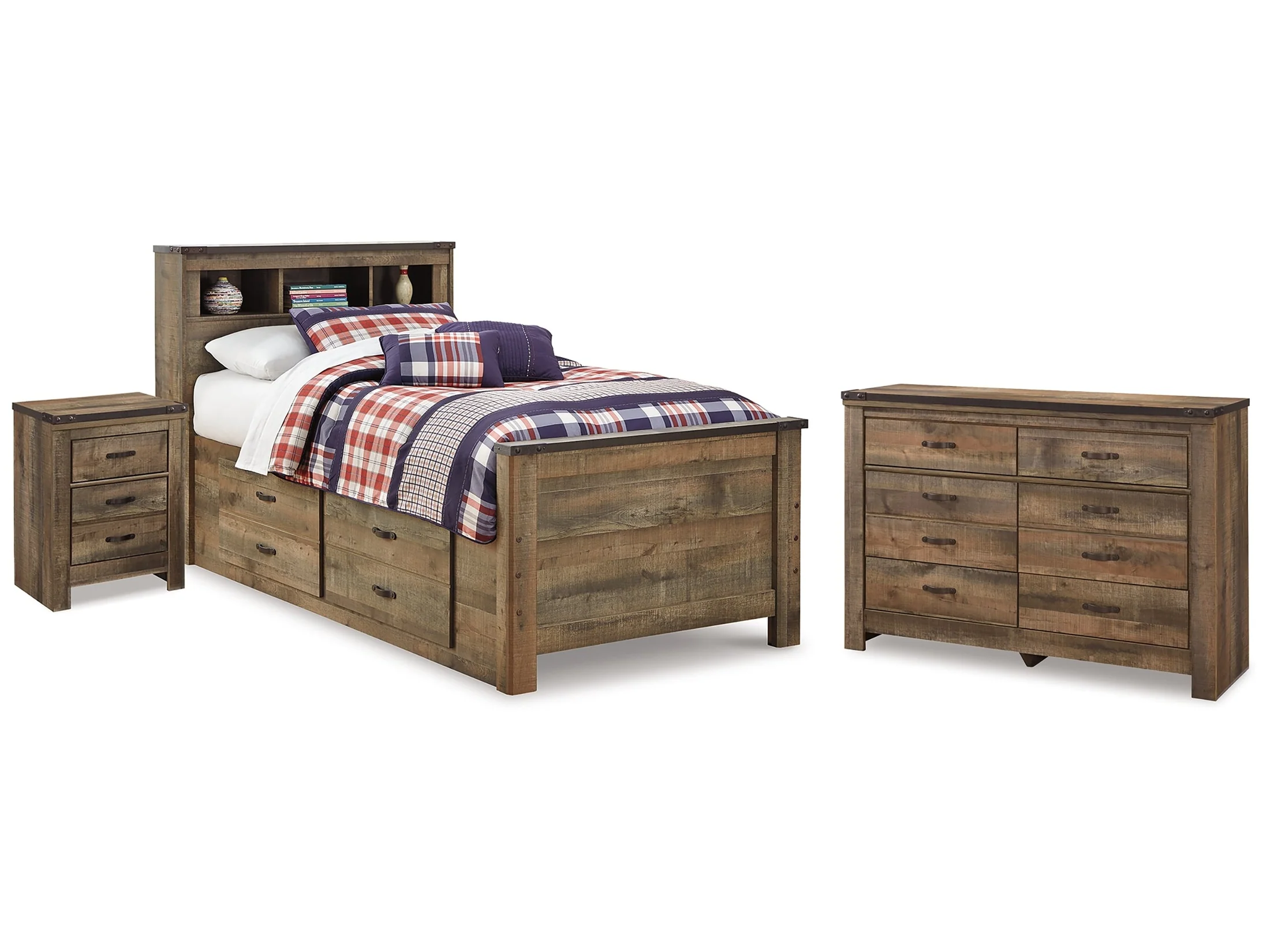 Trinell Brown Twin Bookcase Storage Bed, Dresser and Nightstand