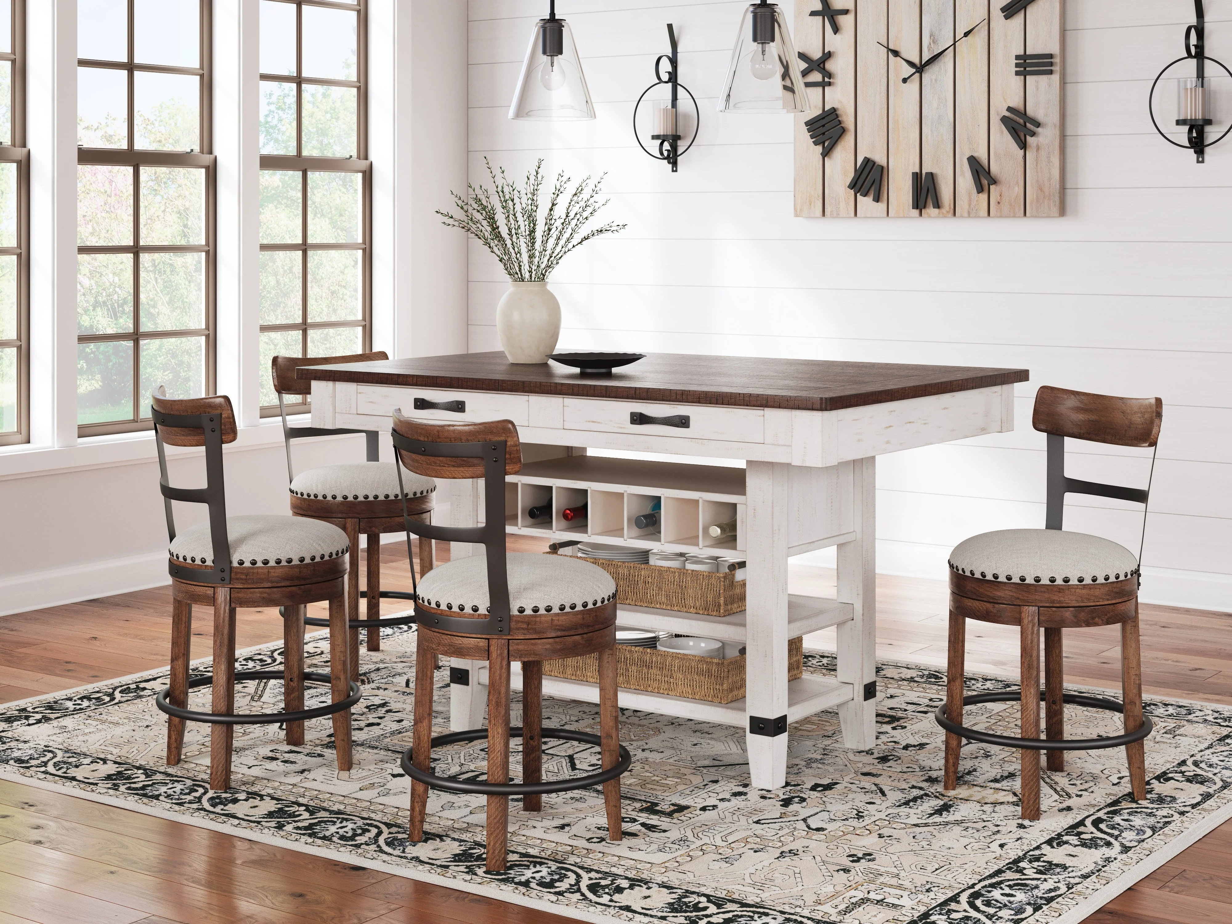Valebeck White/Brown/Linen Counter Height Dining Table and 4 Barstools (Online Special Price)