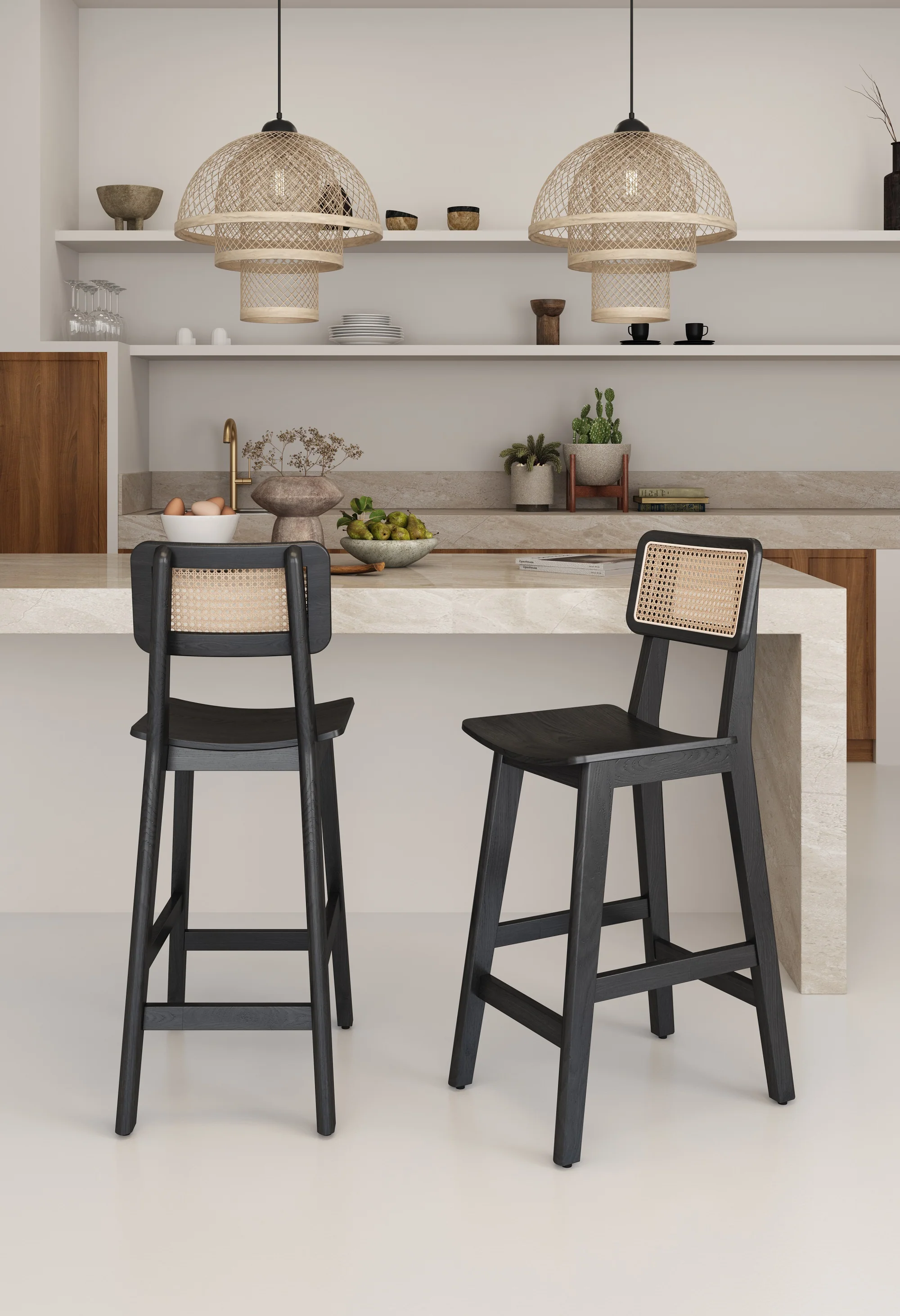 Versailles Counter Stool in Black and Natural Cane (set of 3) - Image 2