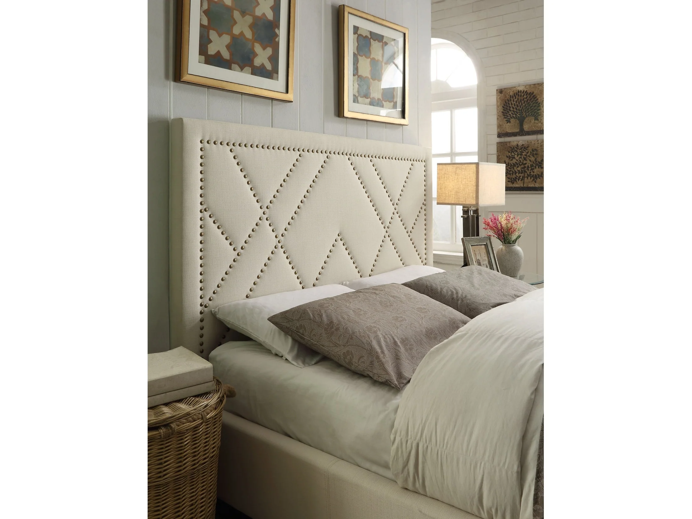 Vienne Nailhead Patterned Upholstered Headboard in Powder