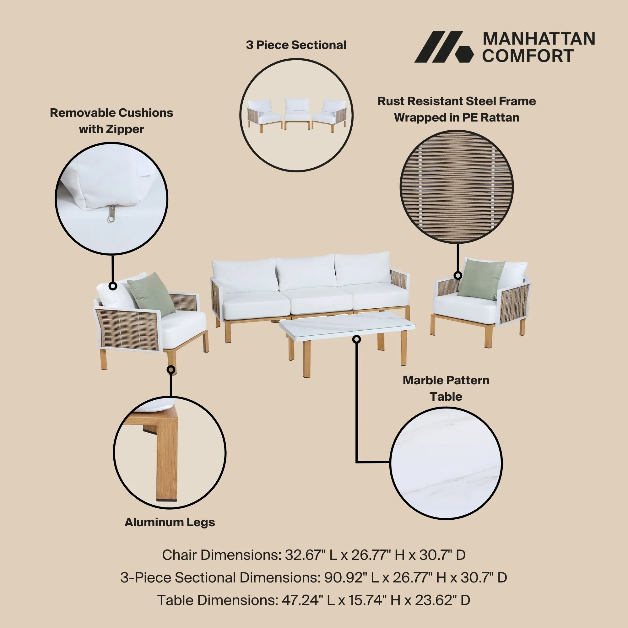 Vine 4-Piece Patio Conversation Set in Cream - Image 4