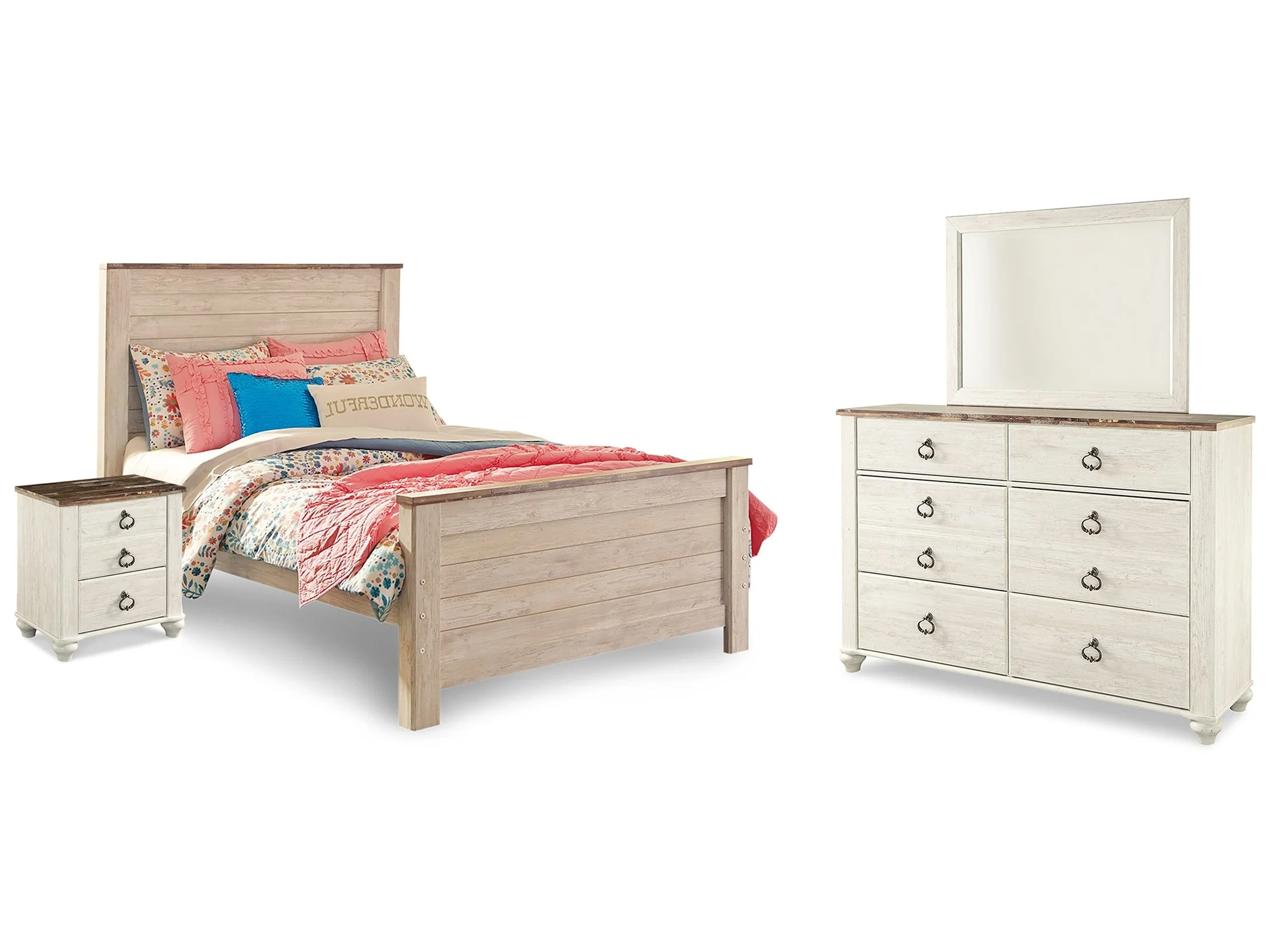 Willowton Whitewash Full Panel Bedroom Set with Dresser, Mirror, Chest and Nightstand