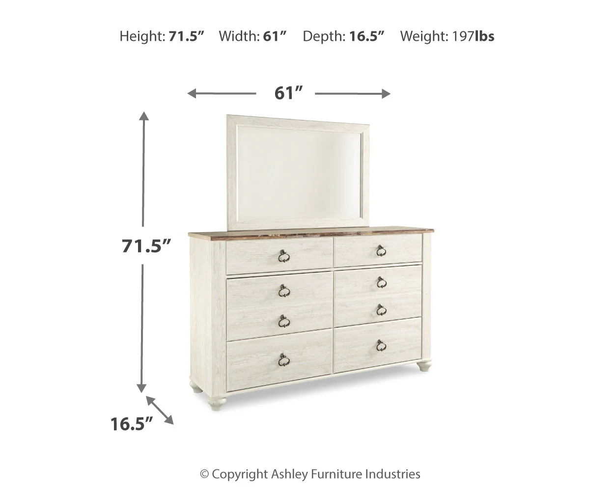 Willowton Whitewash Full Panel Bedroom Set with Dresser, Mirror, Chest and Nightstand - Image 3
