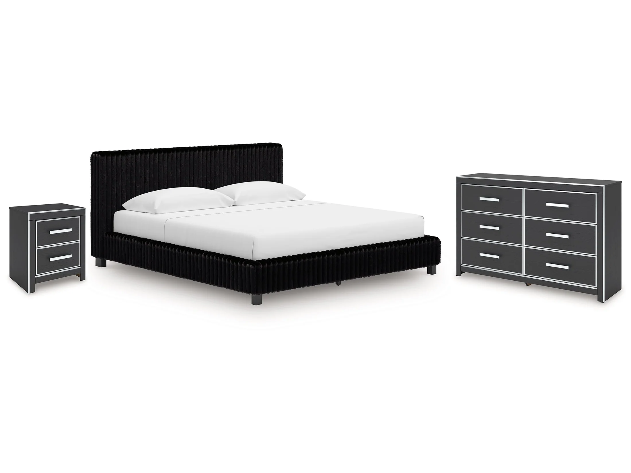 Zuraleus Black King Upholstered Bed, Dresser and Nightstand
