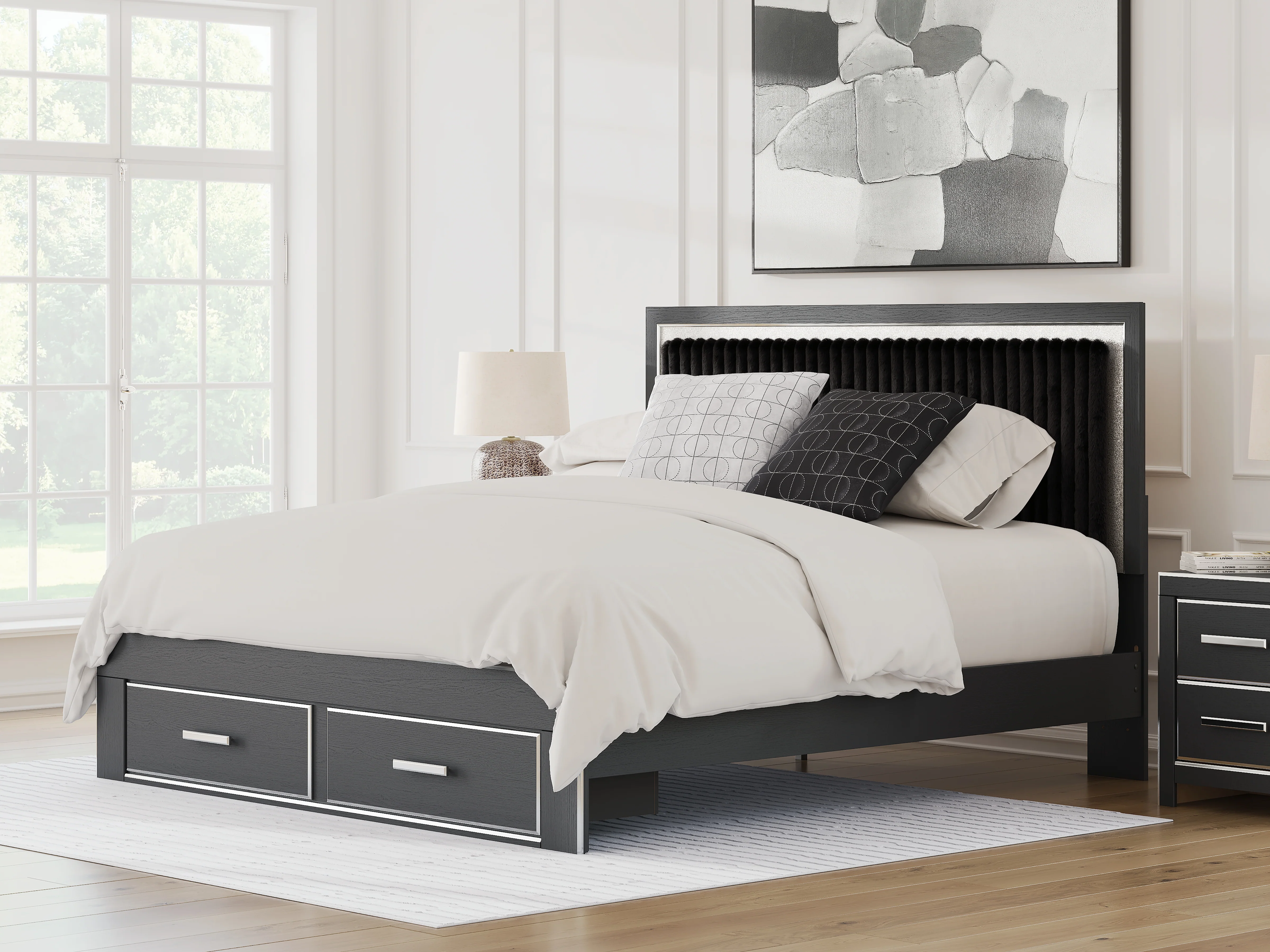 Zuraleus Black King Upholstered Panel Platform Storage Bed
