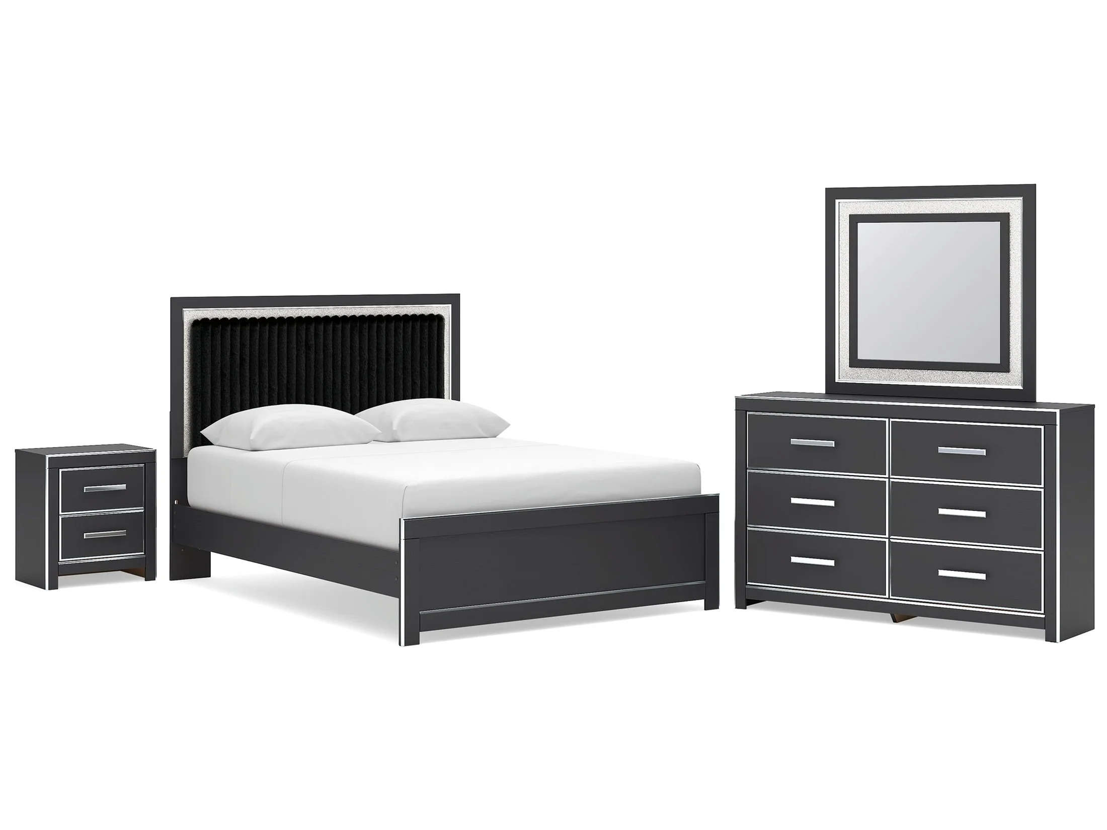 Zuraleus Black Queen Upholstered Bed, Dresser, Mirror and Nightstand (Online Special Price)