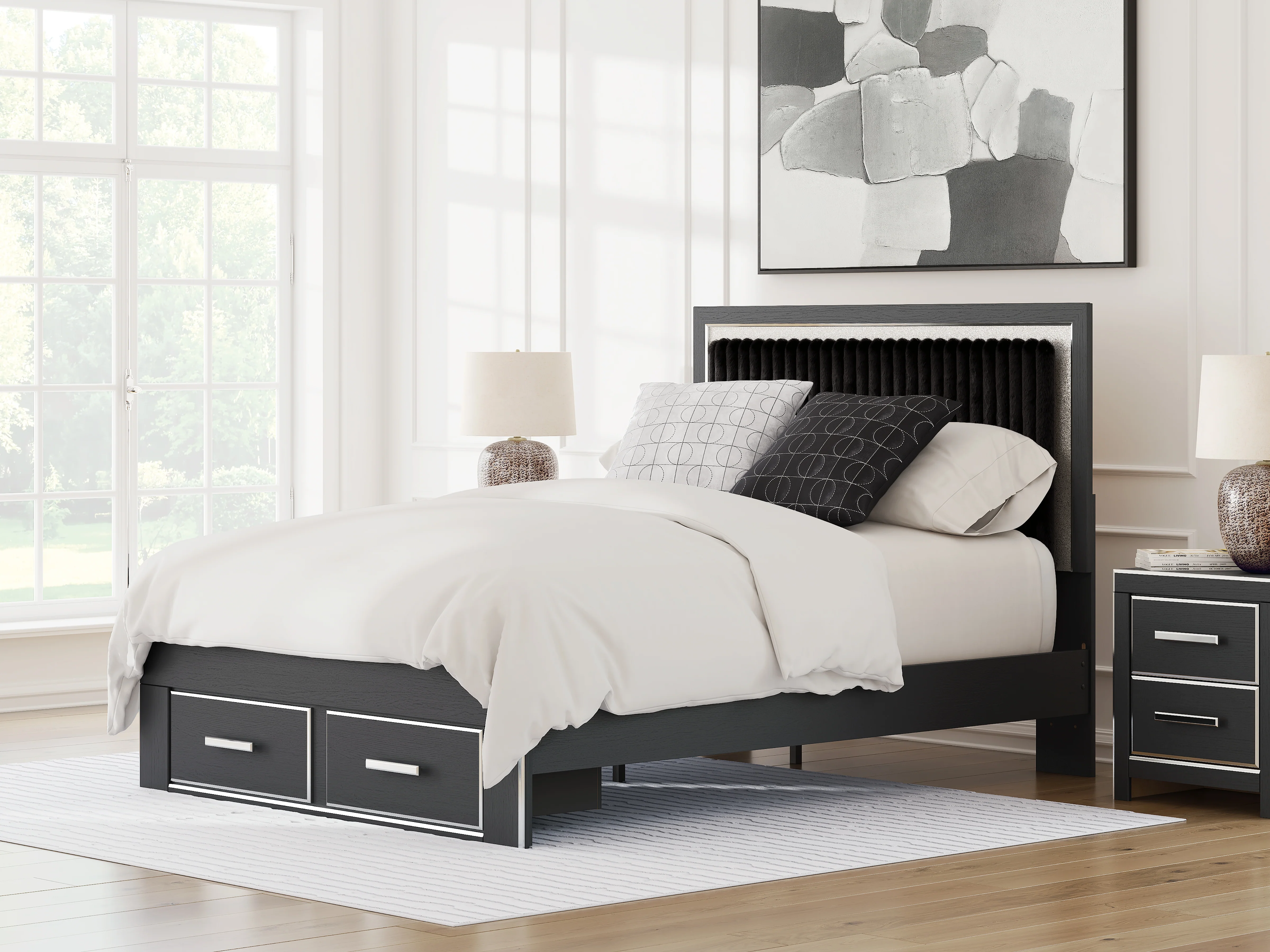 Zuraleus Black Queen Upholstered Panel Platform Storage Bed