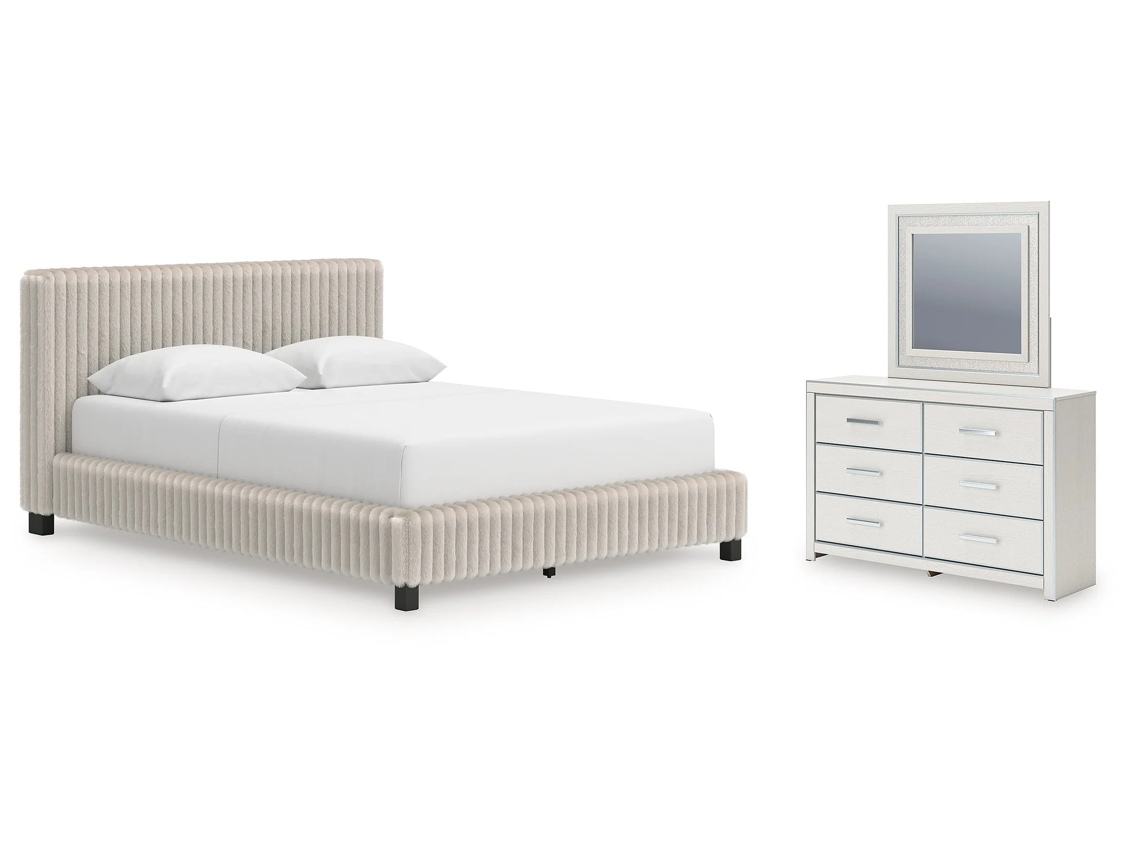Zuraleus White/Gray Queen Upholstered Bed, Dresser and Mirror (Online Special Price)
